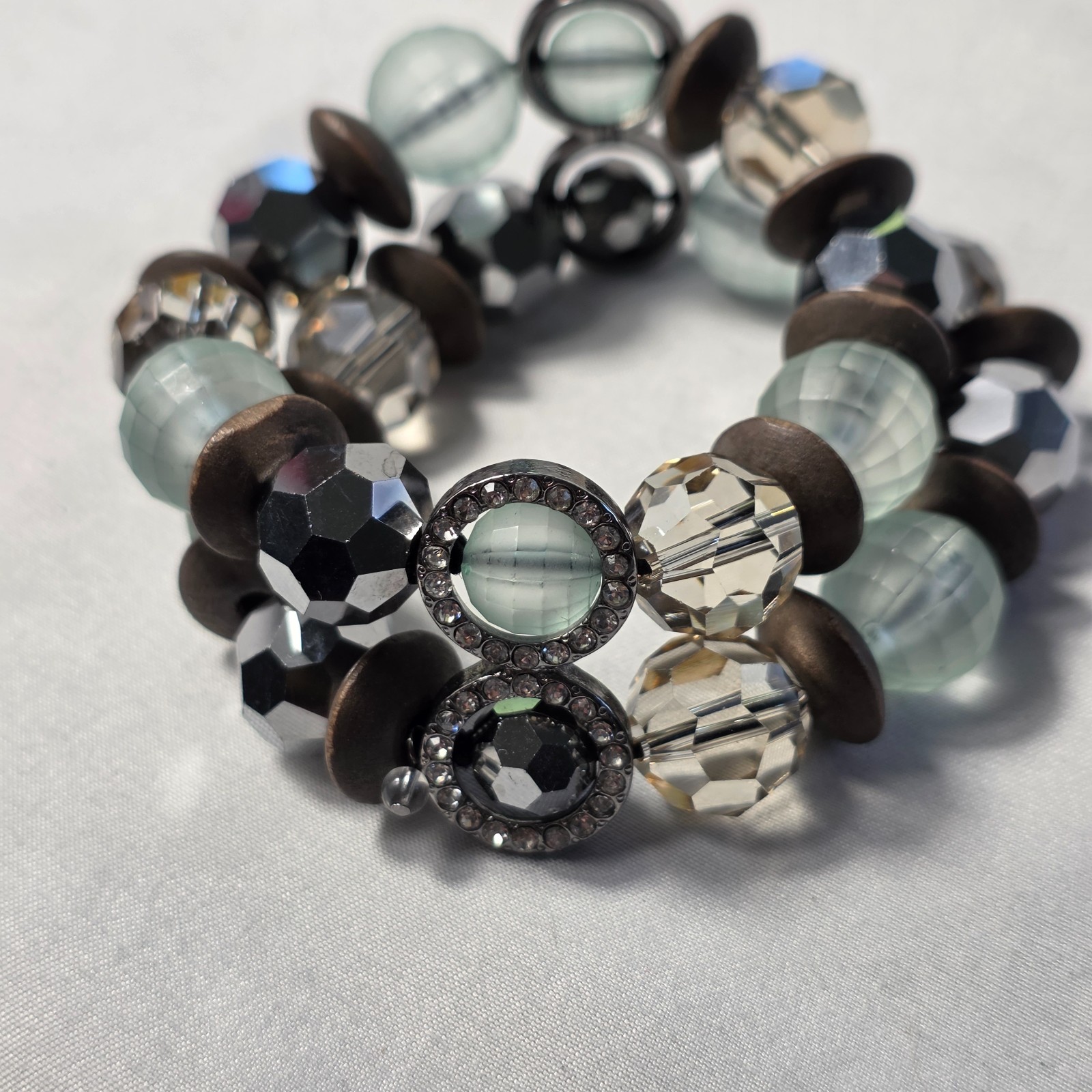 Multi-Layer Chunky Beaded Stretch Bracelet Pale Blue & Clear Faceted Beads