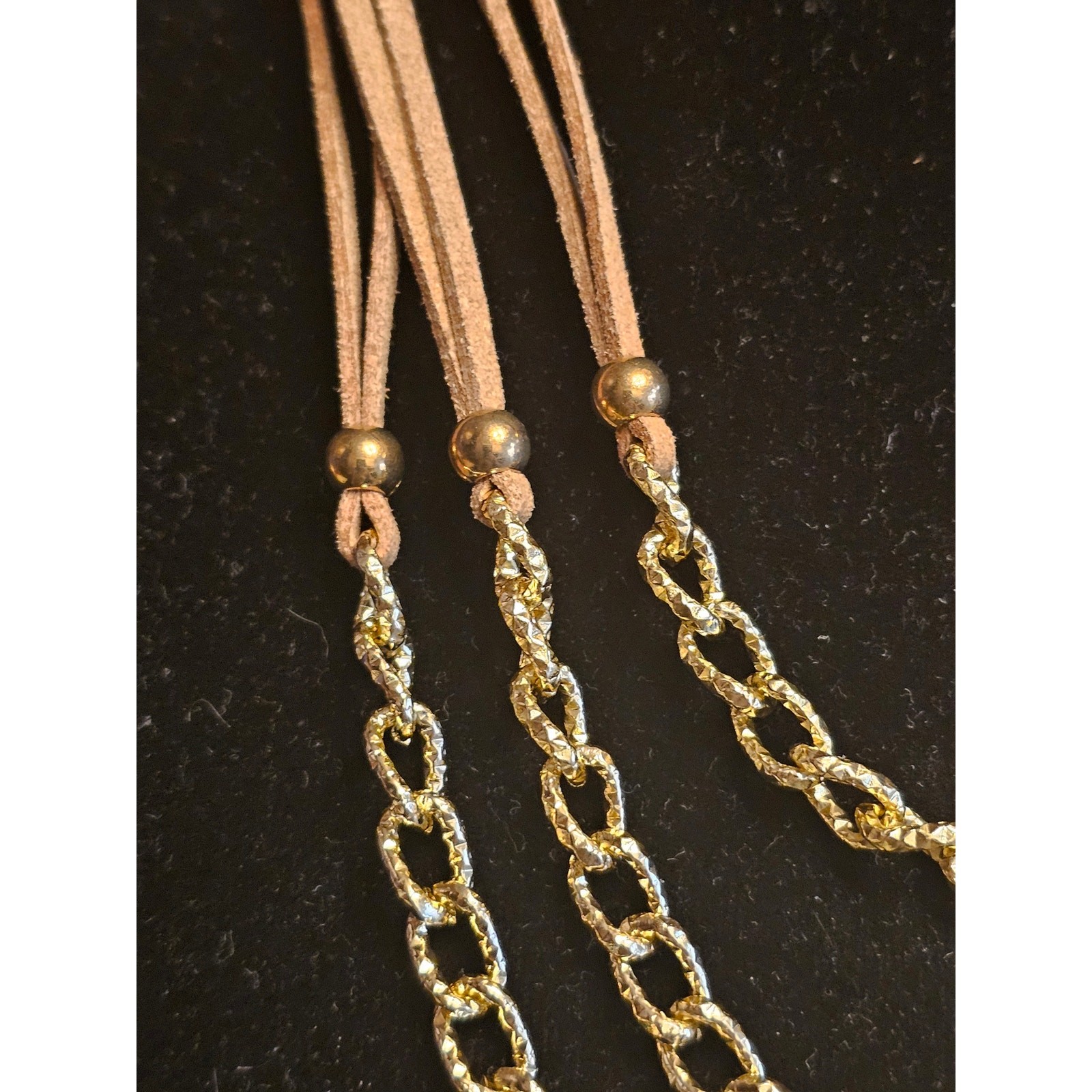 Suede Brown Taupe Leather Strand Necklace with Gold Tone Chain Accents Satement