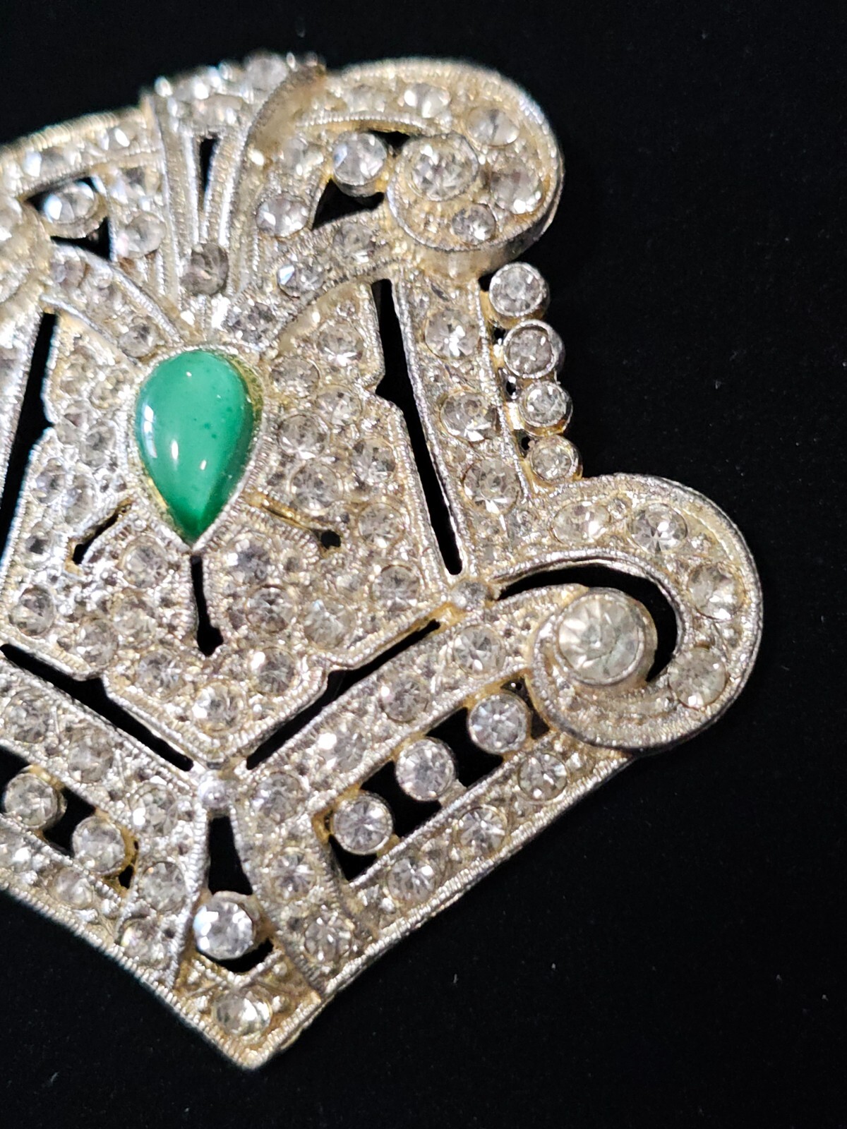 Big Vtg 1930s Pot Metal Signed PJC Green Glass Rhinestone Deco Dress Clip Brooch