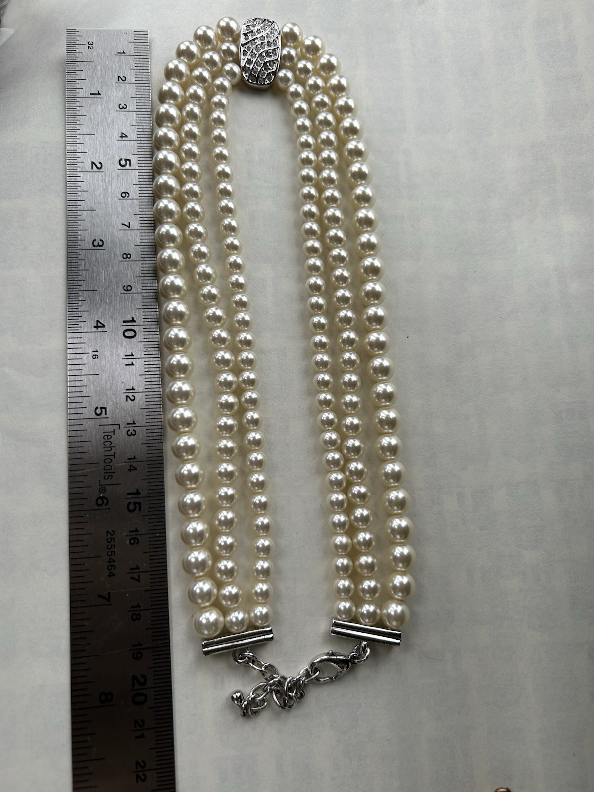 Vintage 3 Strand Pearl Necklace Silver Tone With Crystals 16” + Extender