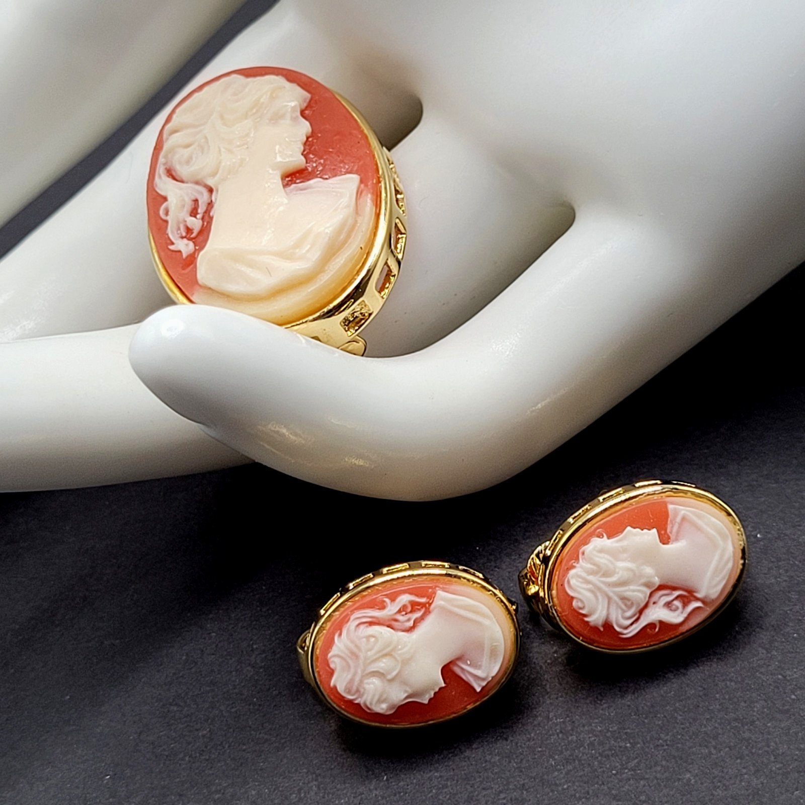 Cameo Set Resin Backed Gold Tone Open Works Frame Salmon Coral Color Revival