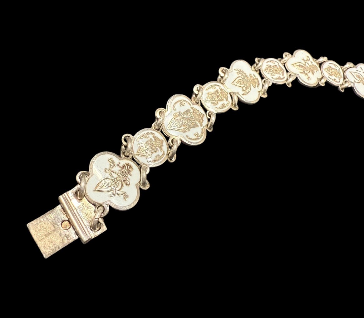 Vintage Sterling Silver Siam Dancers And Elephant Link Bracelet 7.25 in