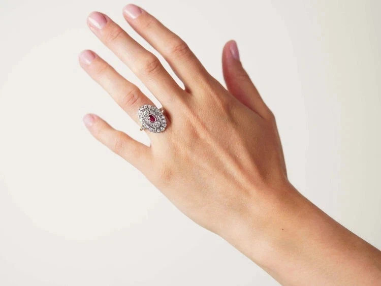 Art Deco Style Ruby & Lab Created Diamond 14K Yellow Gold FN Engagement Ring