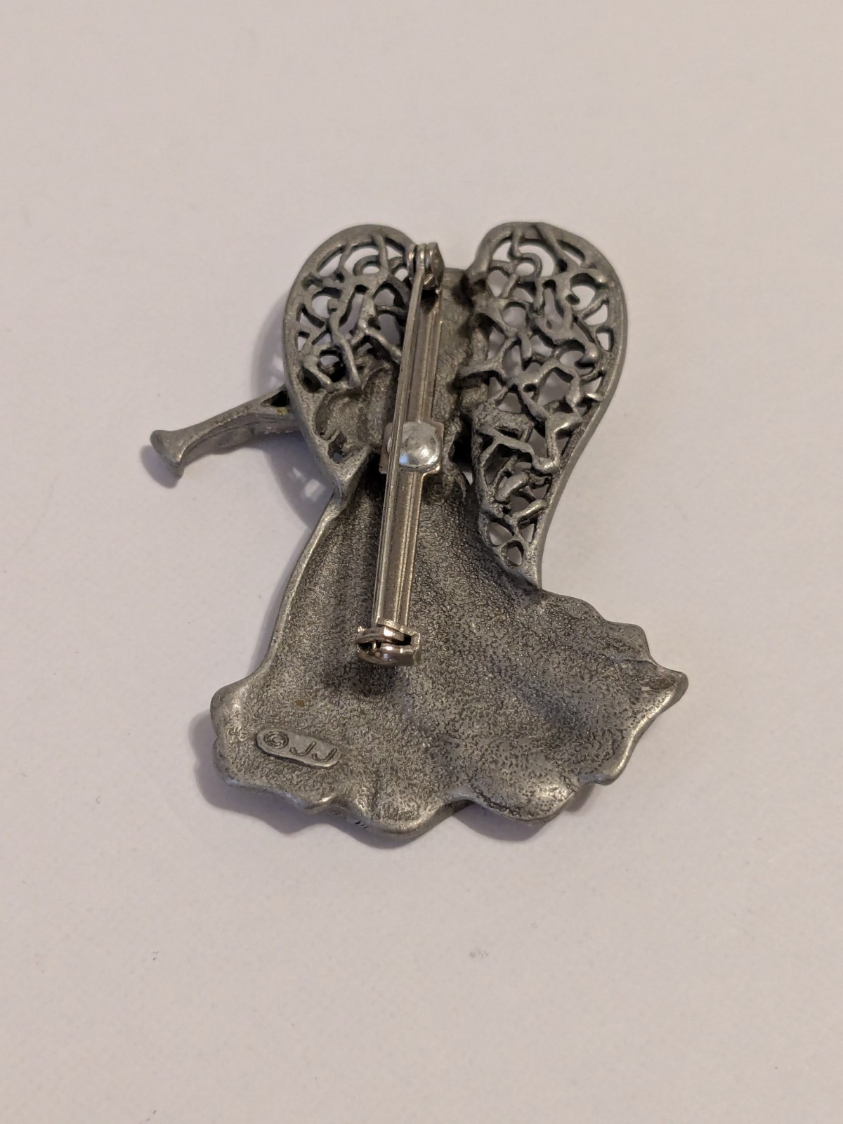 JJ Jonette Vintage Silver Tone Pewter Angel & Horn Brooch With Rhinestone 2.5″.