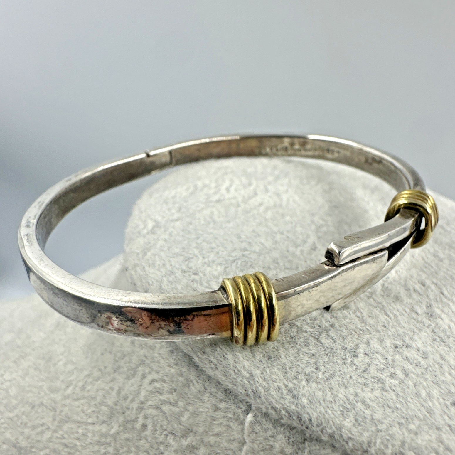 Vtg Taxco Sterling Silver Brass Accent Abstract Modernist Bangle Bracelet 24.3g