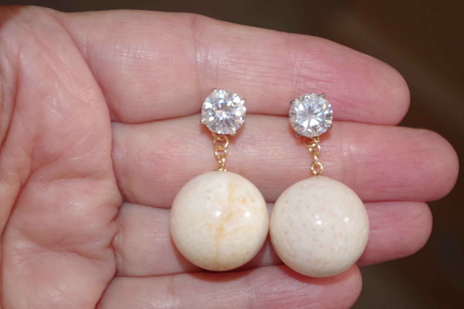 ANTIQUE 14K GF ANGEL SKIN CORAL BALL 17.5 MM CORAL JACKET DROP EARRINGS JACKETS
