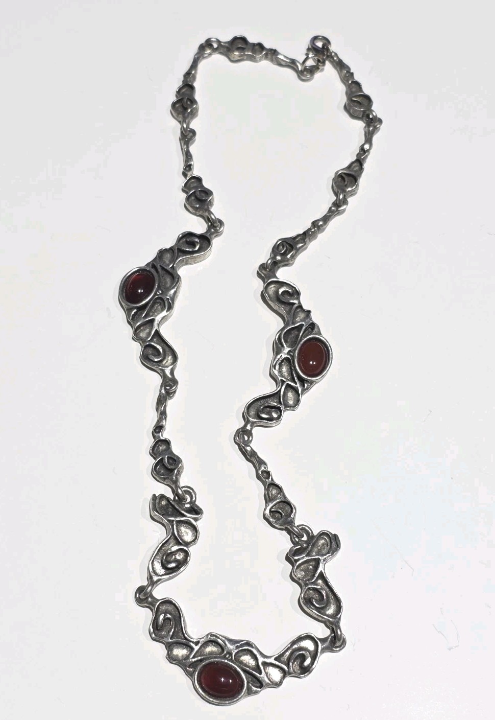 Vintage Brutalist Organic Pewter Necklace Red Cabochon Mid Century Modernist