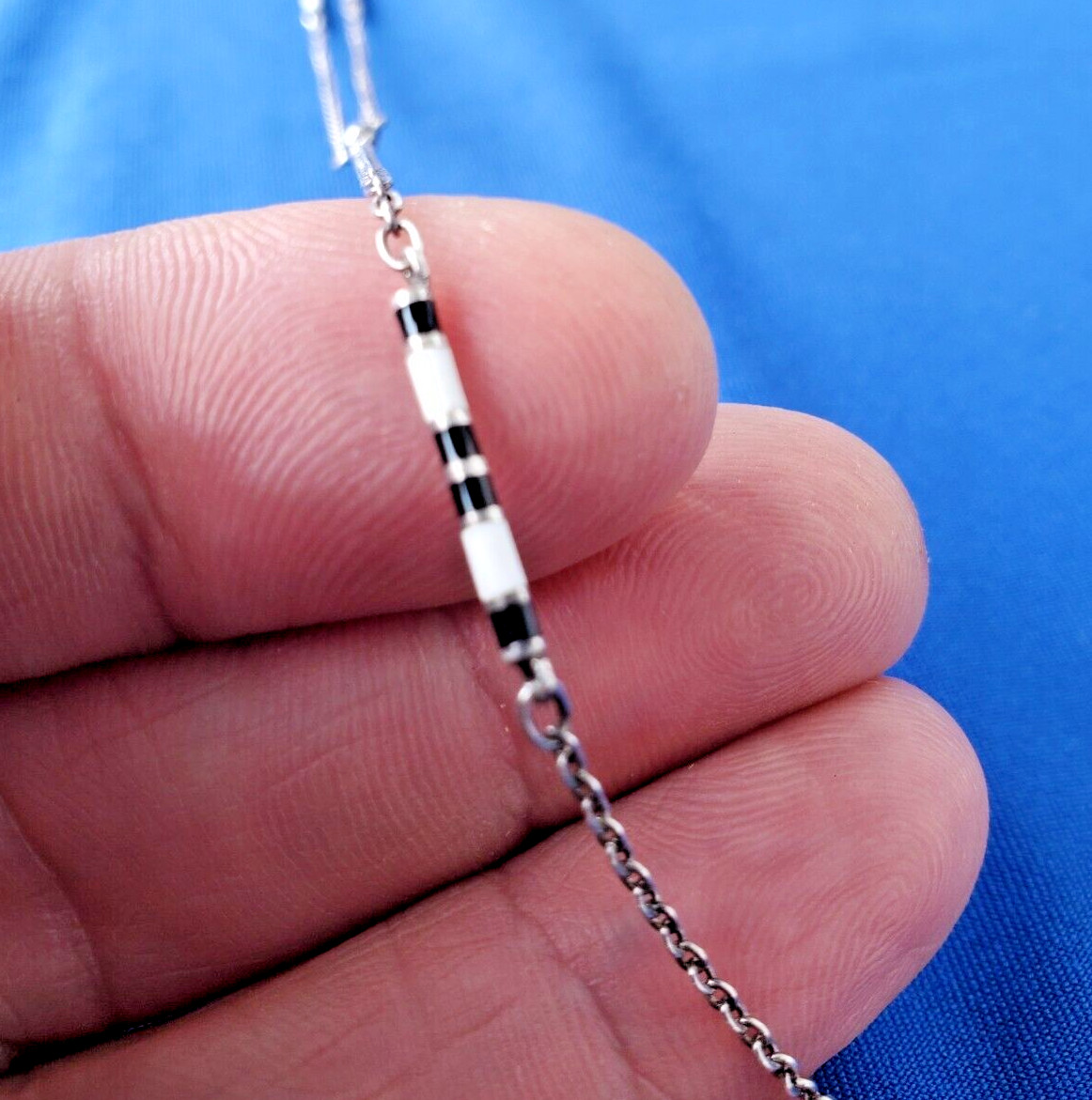 ORIGINAL Deco Guilloche Enamel STERLING SILVER 925 Necklace Antique Chain 24″ IN