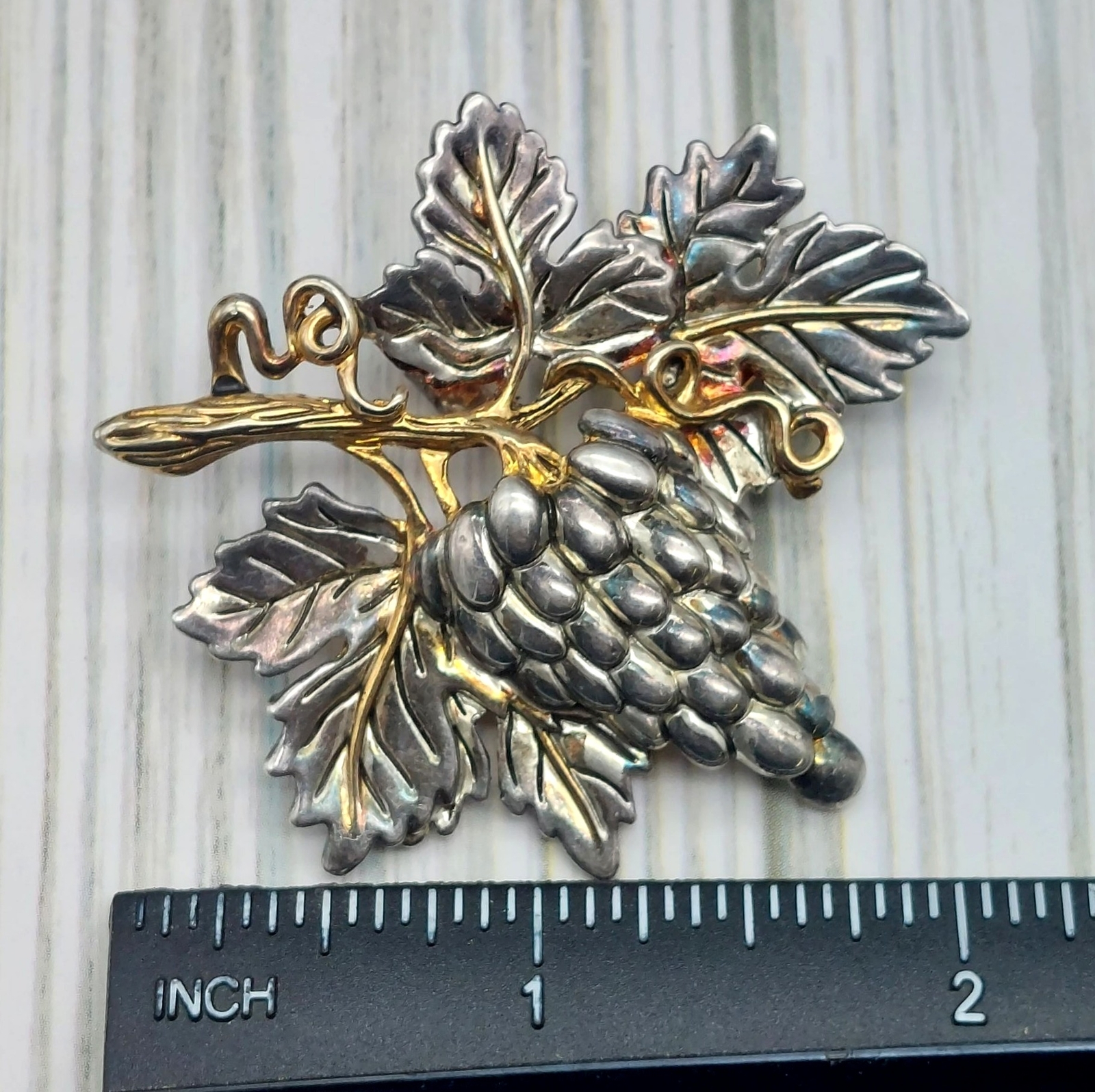 Vintage Bunch of Grapes on Vine Leaves Two Tone Brooch Signed MJ 2″ X 2″