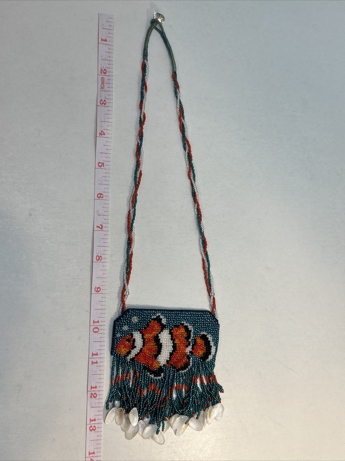 Vintage Handmade Orange Fish Sead Bead Southwestern Necklace With Fringe-Shells