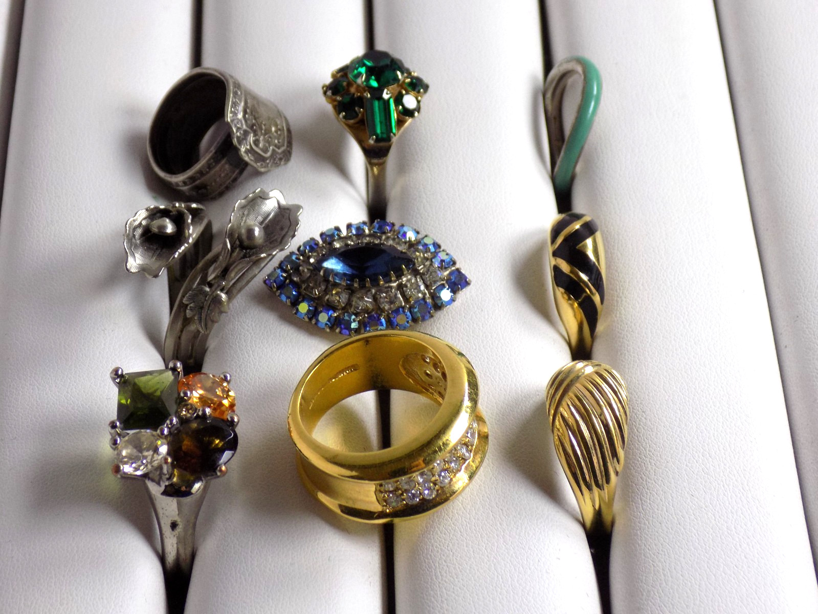 Vintage Costume Rings Lot Rhinestones Avon Monet Silverplated CZ Bands Floral