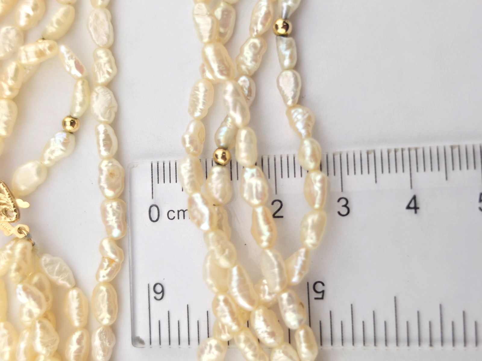 Vintage 5 Strand Cream Rice Pearl 35″ Necklace 14k Yellow Gold Accents