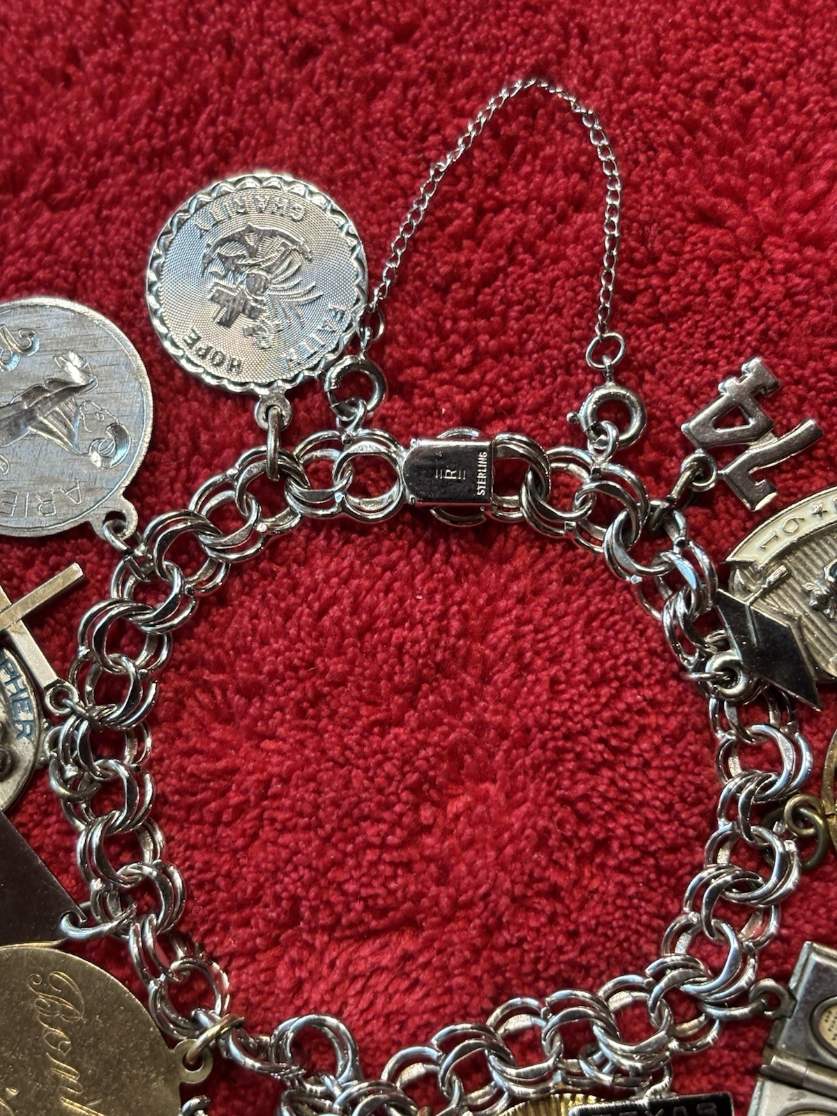Vintage.925 Sterling Silver Double Rolo Link Charm Bracelet 14 Charms 48.8 Grams