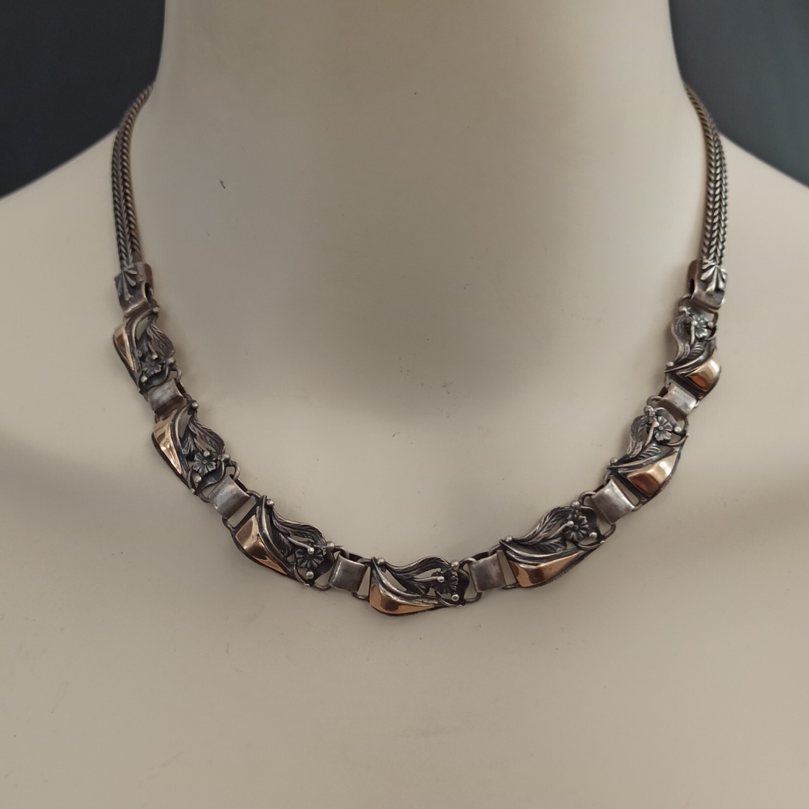 Vintage Silver Gold Necklace Bicolor Articulated Art Deco Revival Links 90s 925