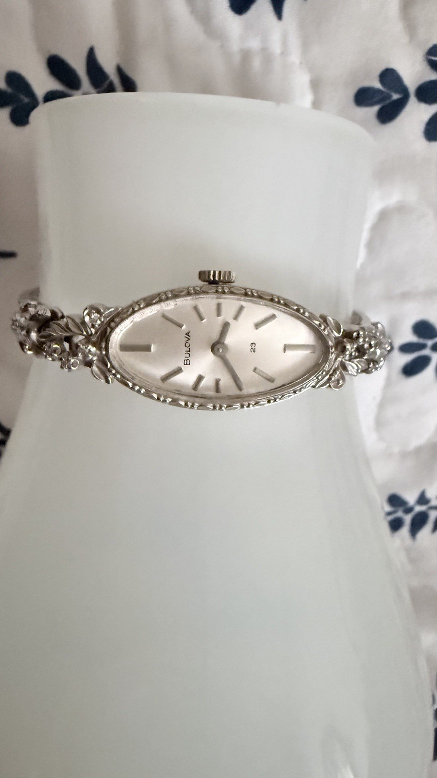 Vintage Bulova Ladies Watch-14K White Gold Cocktail With 8 Lovely Small Diamonds