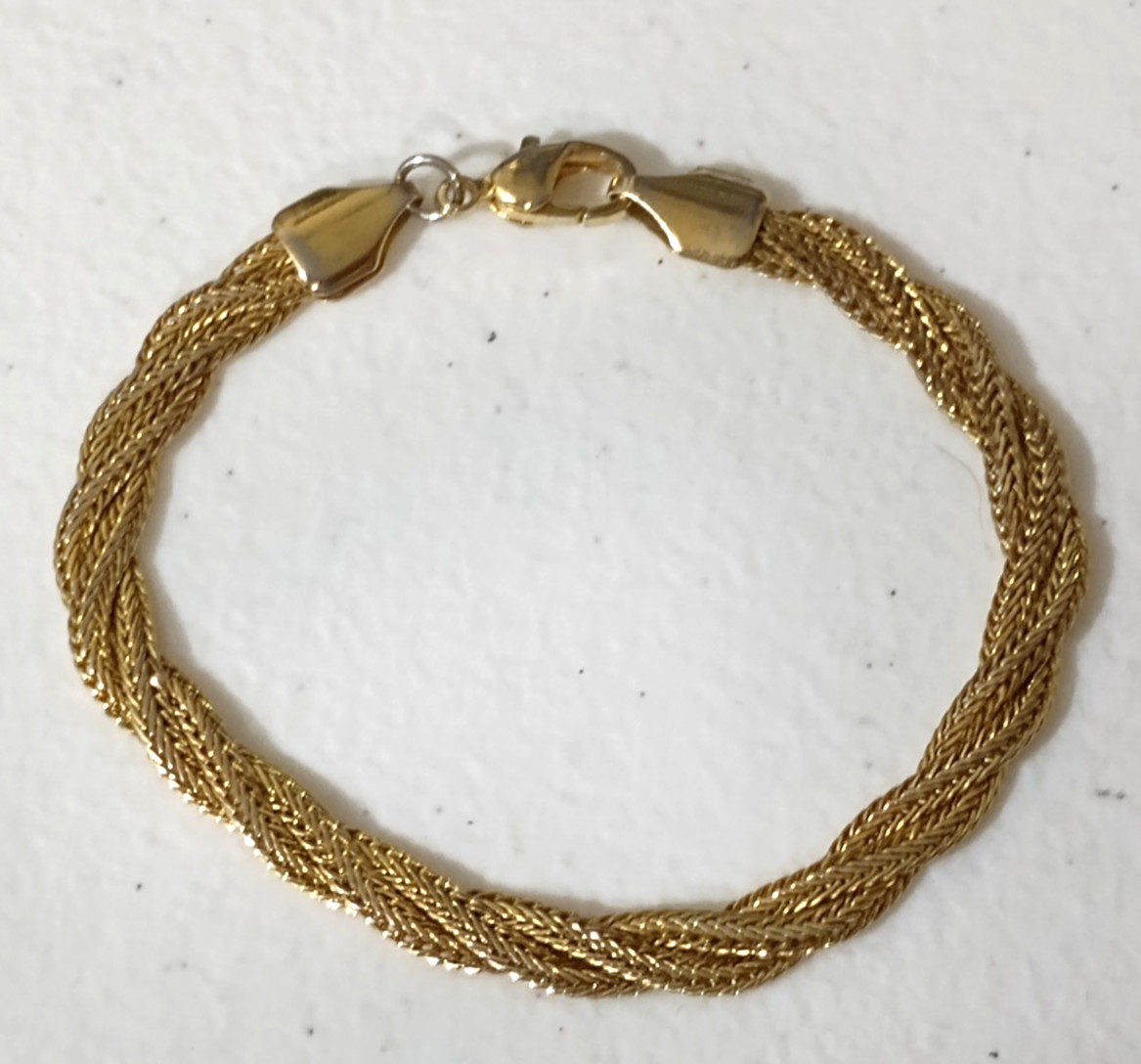 Gold Tone Triple Braided Flat Snake Chain 7.25 In Bracelet