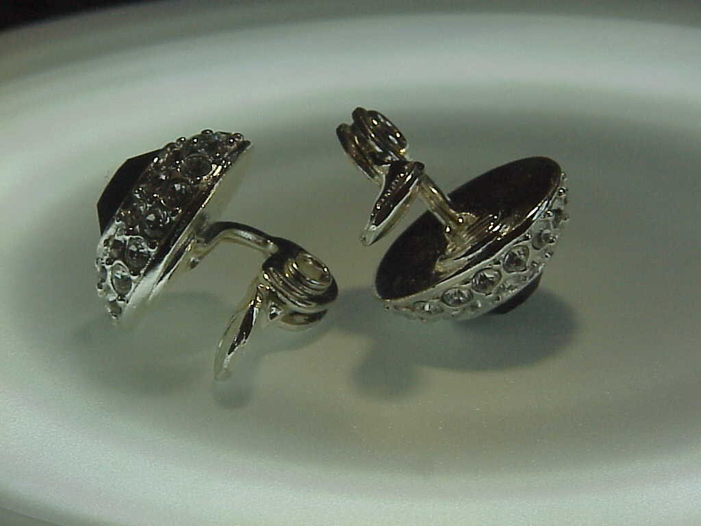 Vintage signed Monet silver tone faceted black glass with white rhinestones earr