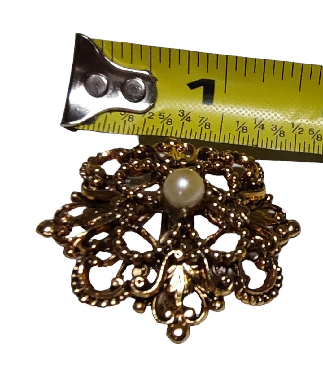 Tacoa Raised Relief Brooch Pin Faux Pearl Floral Filigree Gold Tone Vintage