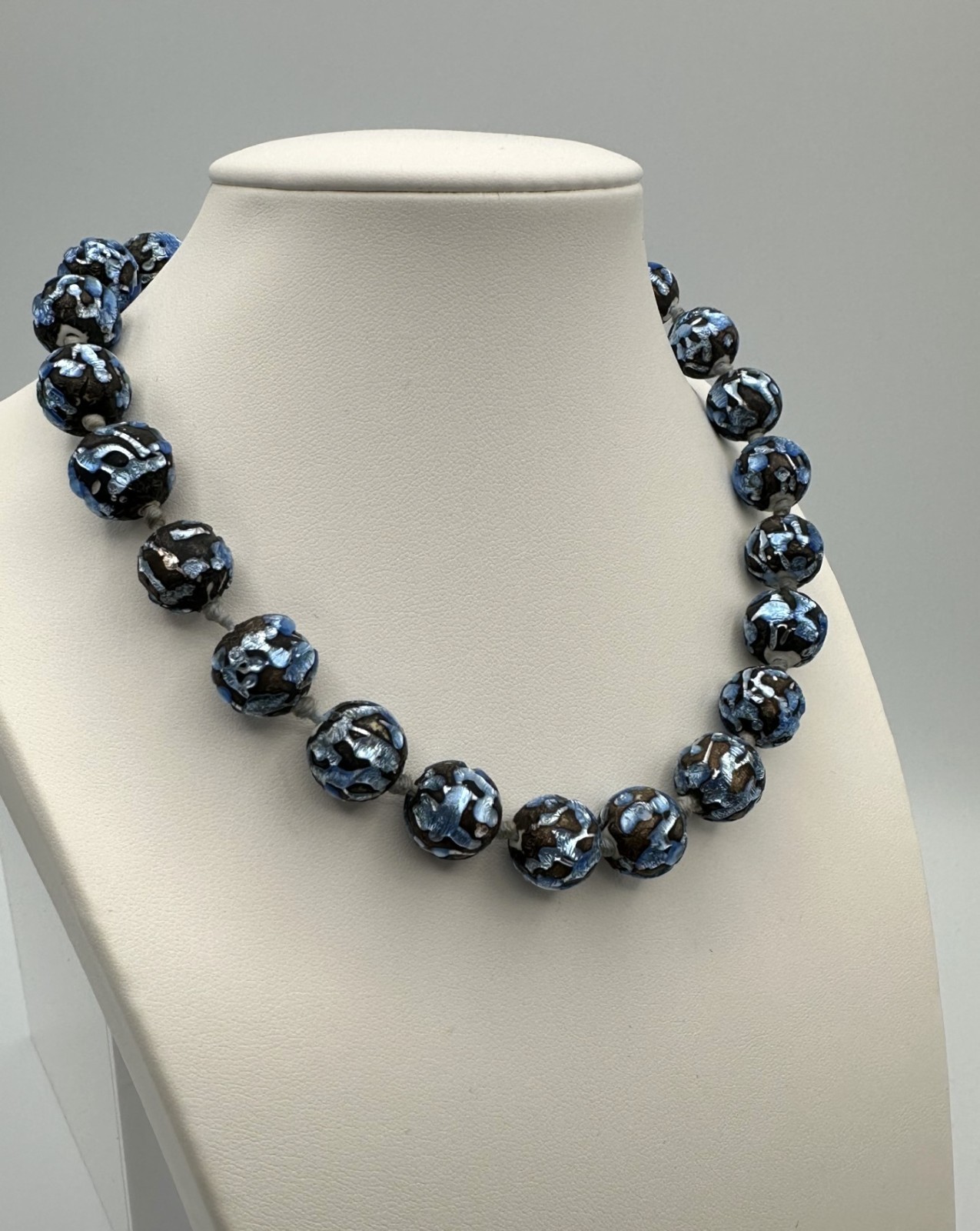 Vintage Czech Art Deco Foil Glass Beaded Choker Necklace Iridescent Blue Bronze