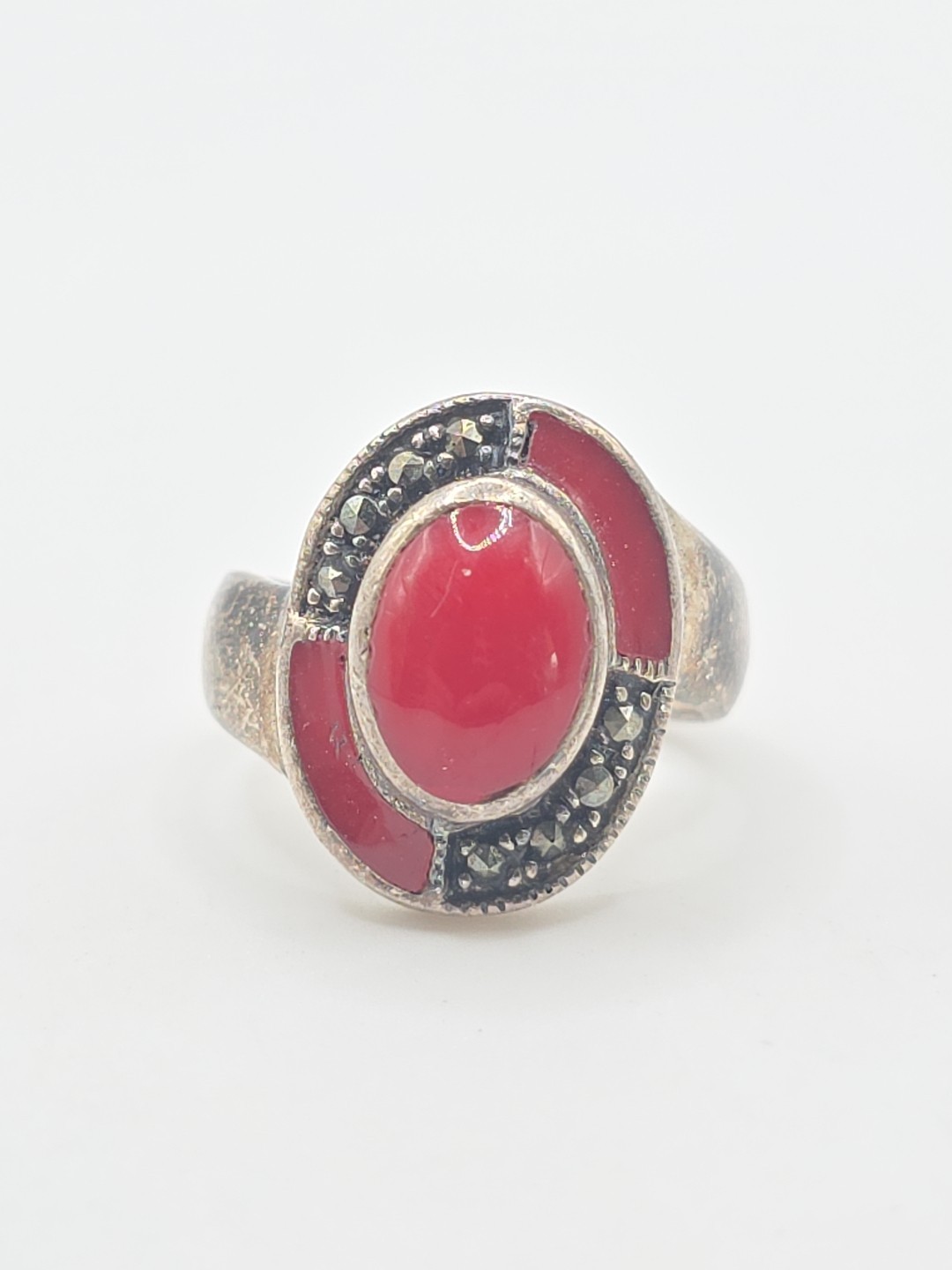 Vintage Sterling Silver 925 Oval Marcasite Red Coral Ring Size 6