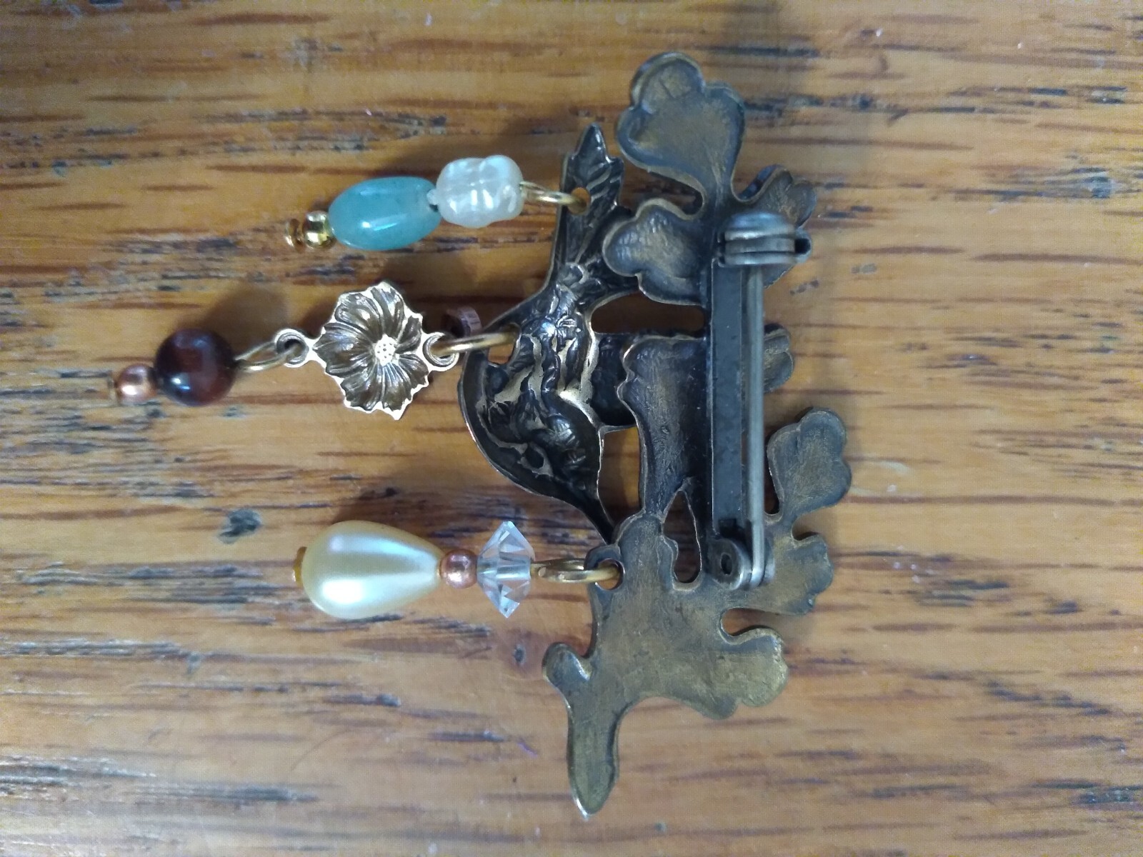 Vintage Hummingbird Brooch Brass Tigers eye Pearl Jade Dangles