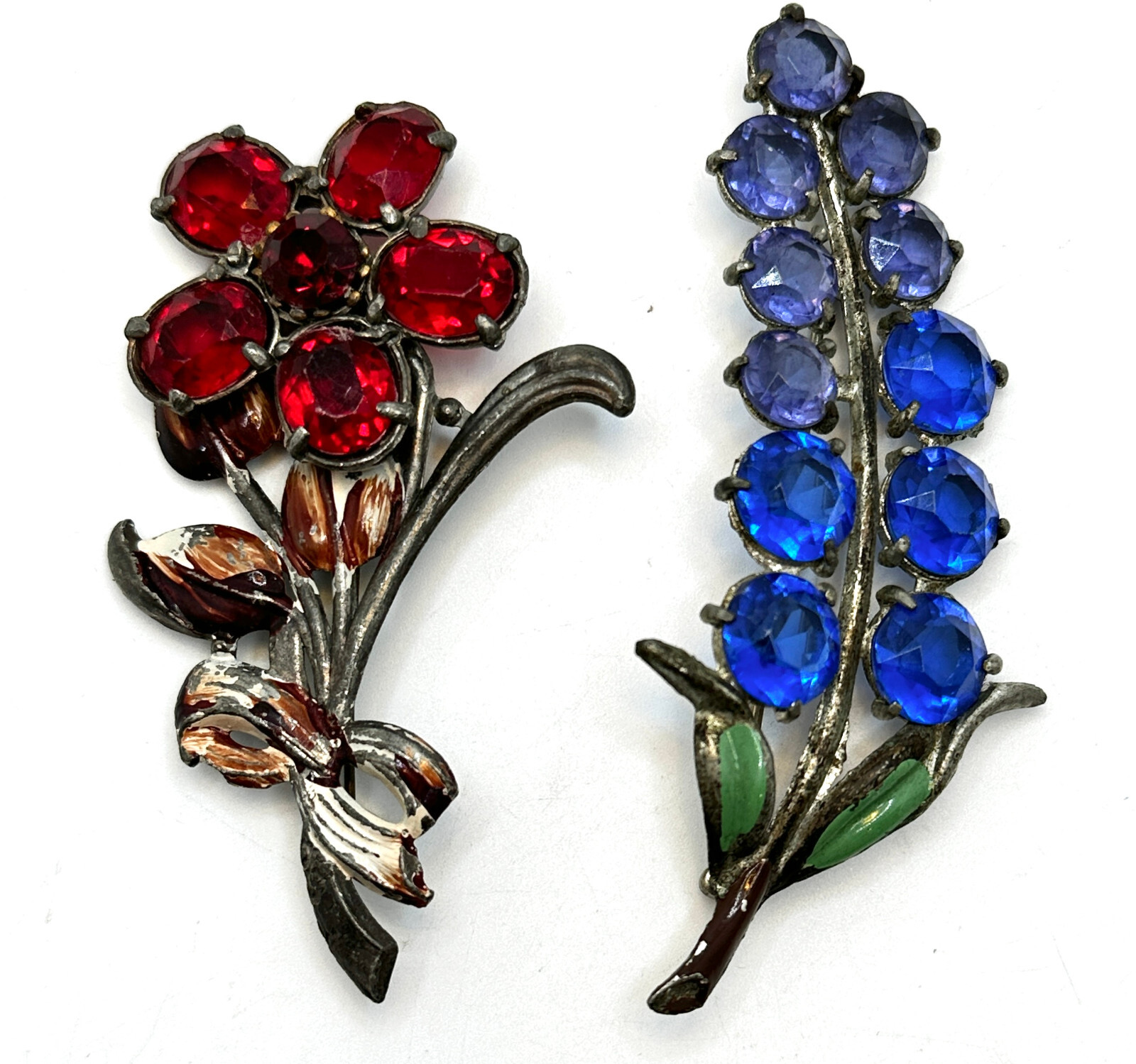 Lot 2 RARE Vtg 1930S 1940S CORO Unsigned Rhinestone Floral Enamel Brooches