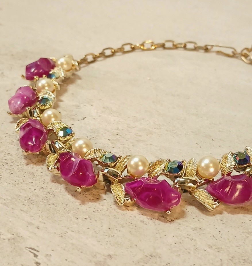 1960s Choker • Purple Lucite Cabochons, Blue AB Stones, And Faux Pearls