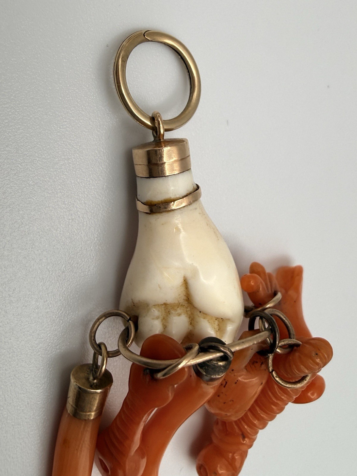 Antique Ca 1830-70s Angle Skin /Orange Coral Hand Figa & Charm Pendant Gold