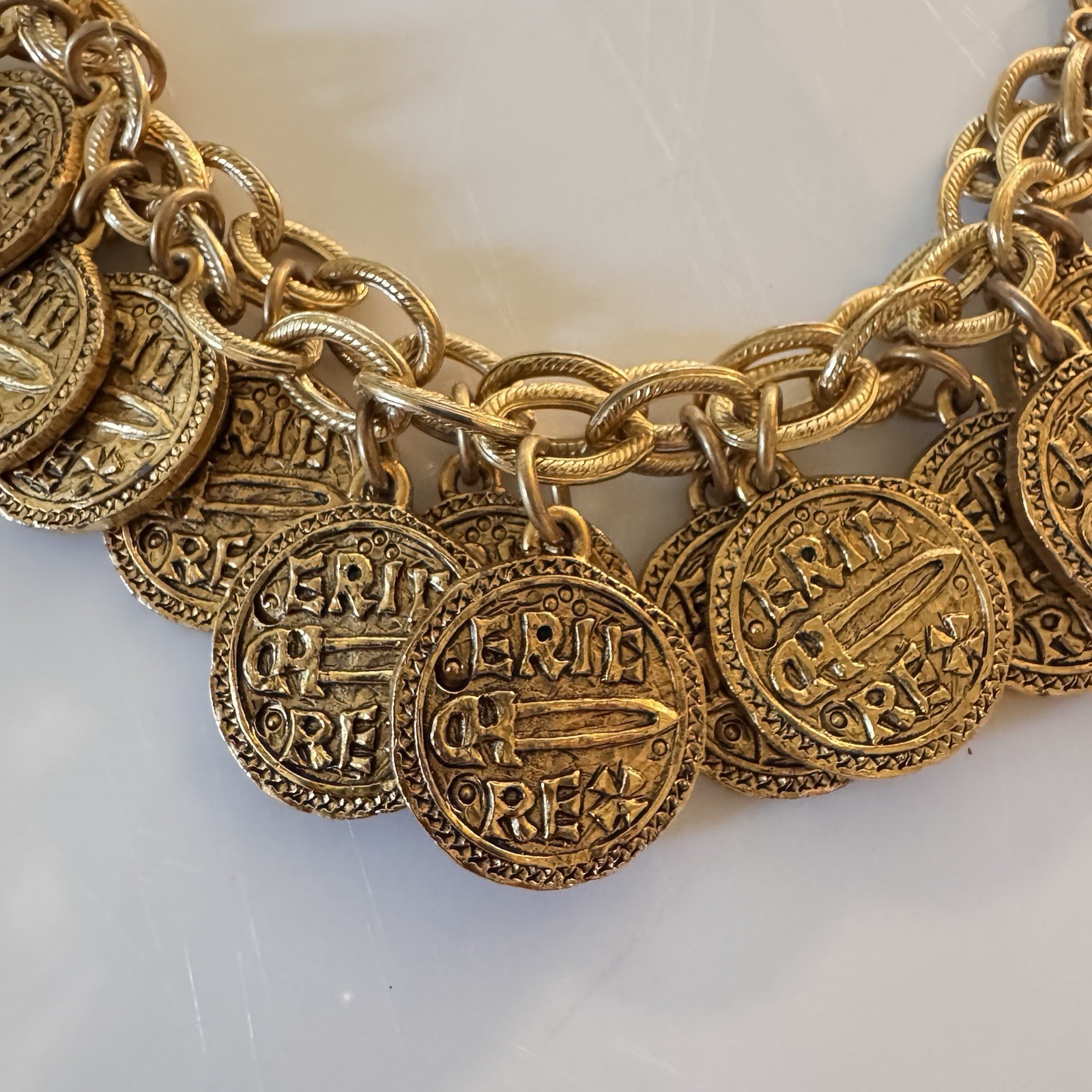 Vintage Stewart Lucas Coin Charm Bracelet, 80s 90s, Etruscan, Byzantine, Signed!