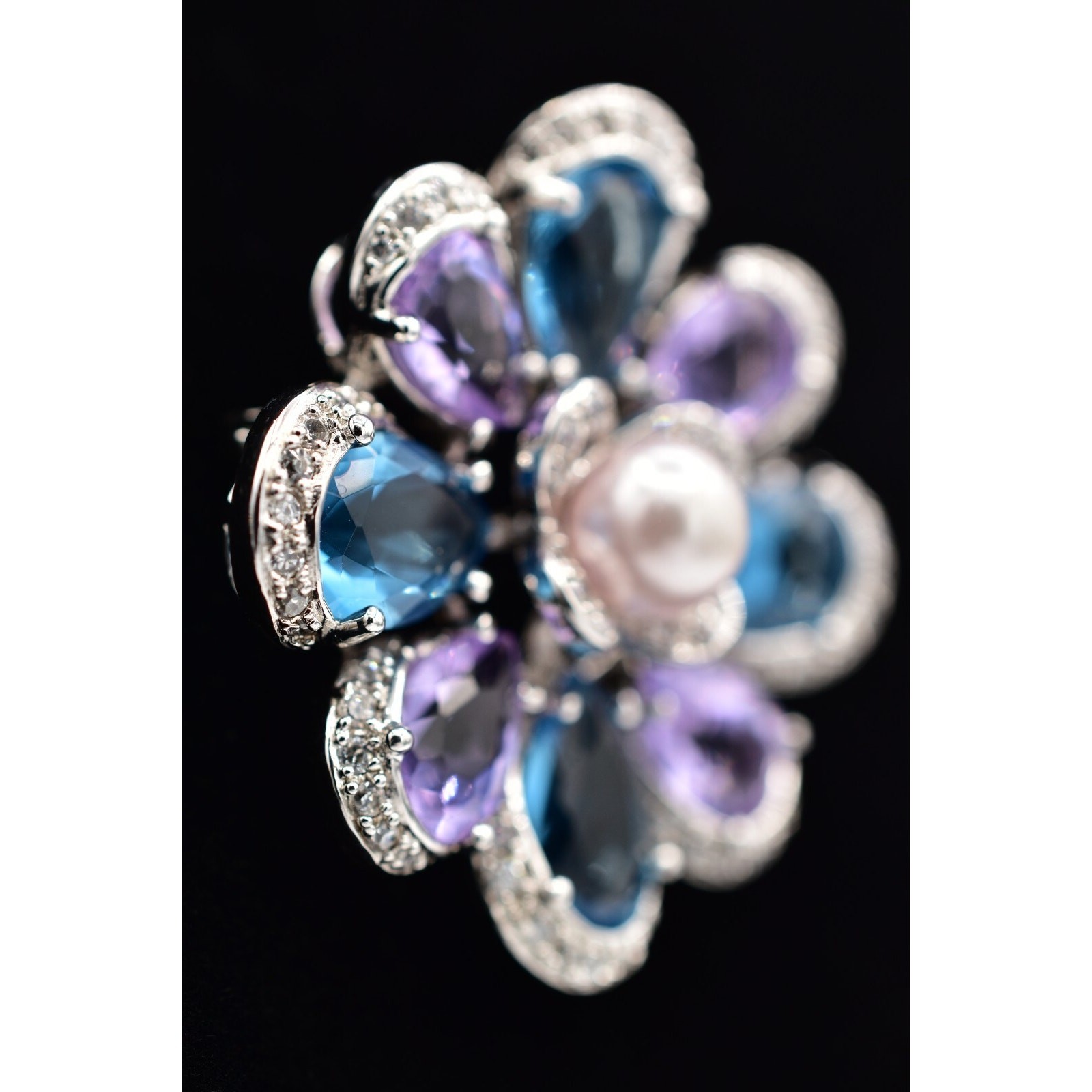 925 Sterling Silver Crystal Flower Pendant Pin Brooch Purple Blue Signed BinBI