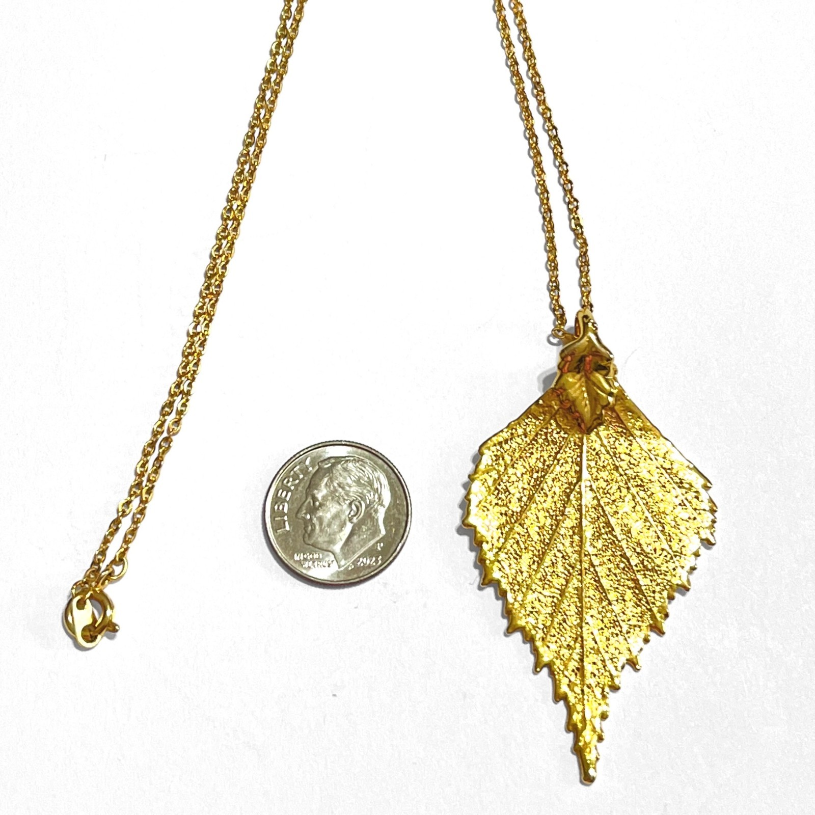 VTG Real Leaf Pendant Necklace Gold Tone Metal Dipped 18″ Chain Hippie Nature