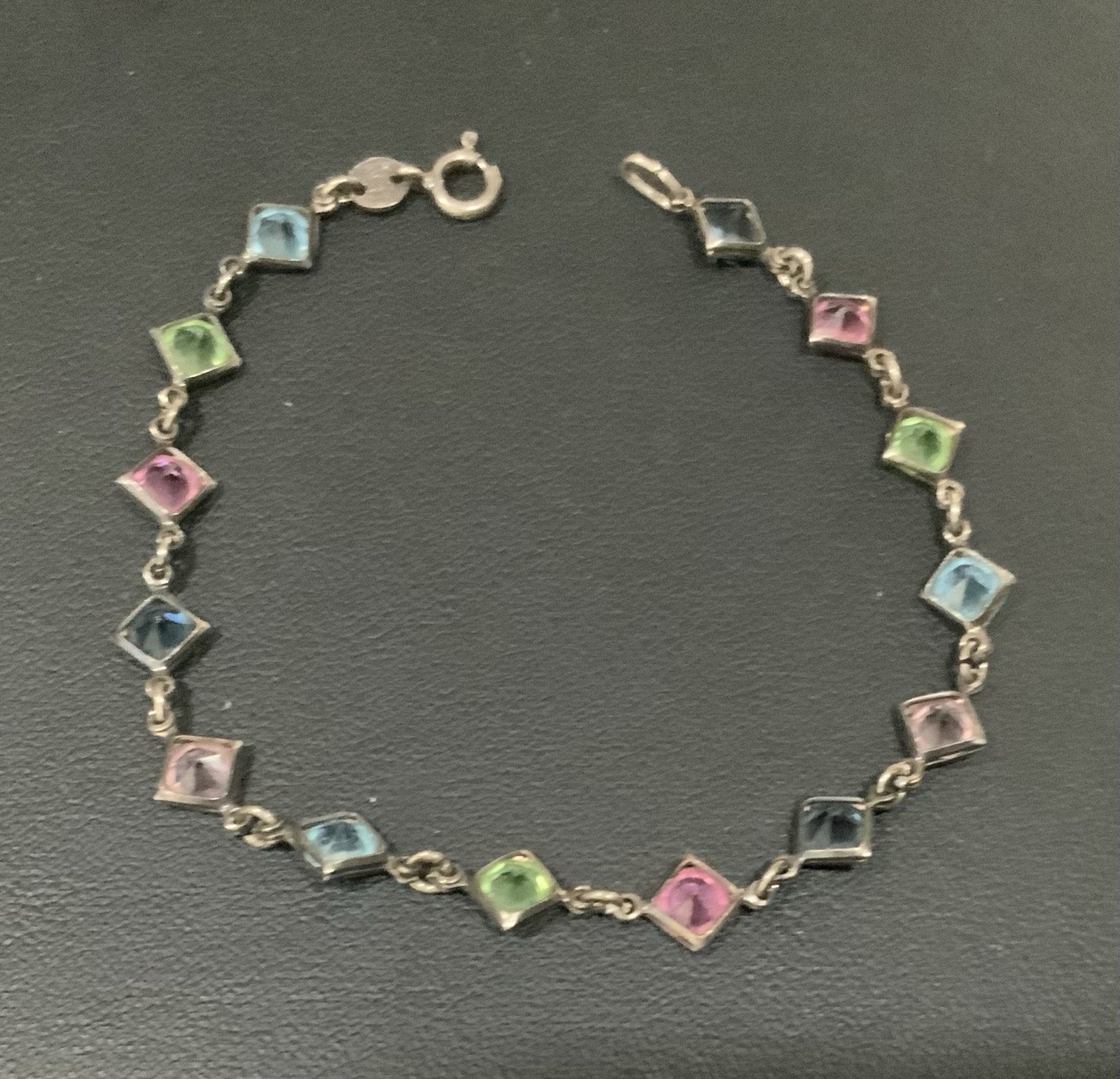 VTG ITALIAN STERLING SILVER BRACELET BEZEL SET MULTI COLOR GLASS STONES 7”