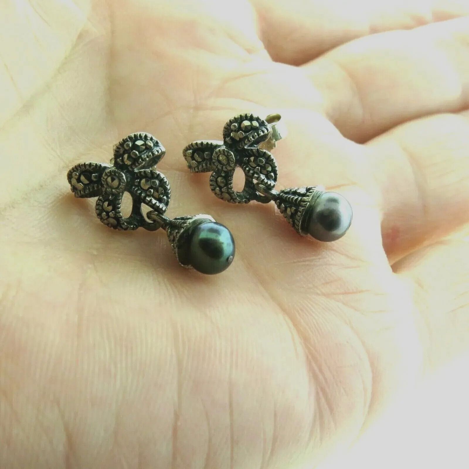 Vintage Sterling Silver Pearl & Marcasite Dangle Earrings .75″
