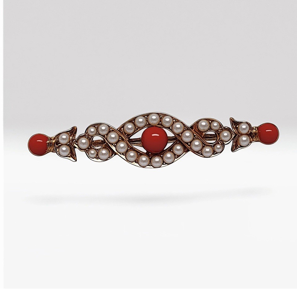 ANTIQUE 15K GOLD, SEED PEARL & CORAL RED ENAMEL KNOT BAR BROOCH c1890 VICTORIAN