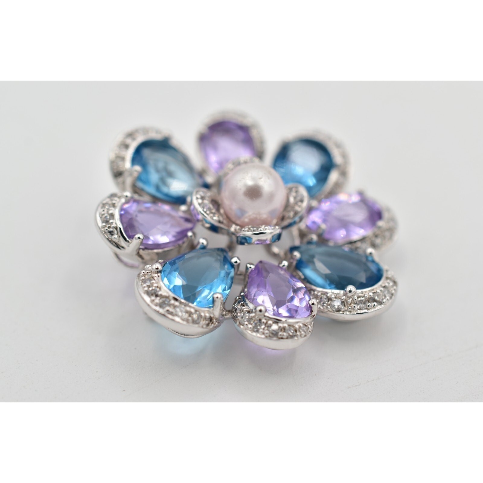 925 Sterling Silver Crystal Flower Pendant Pin Brooch Purple Blue Signed BinBI