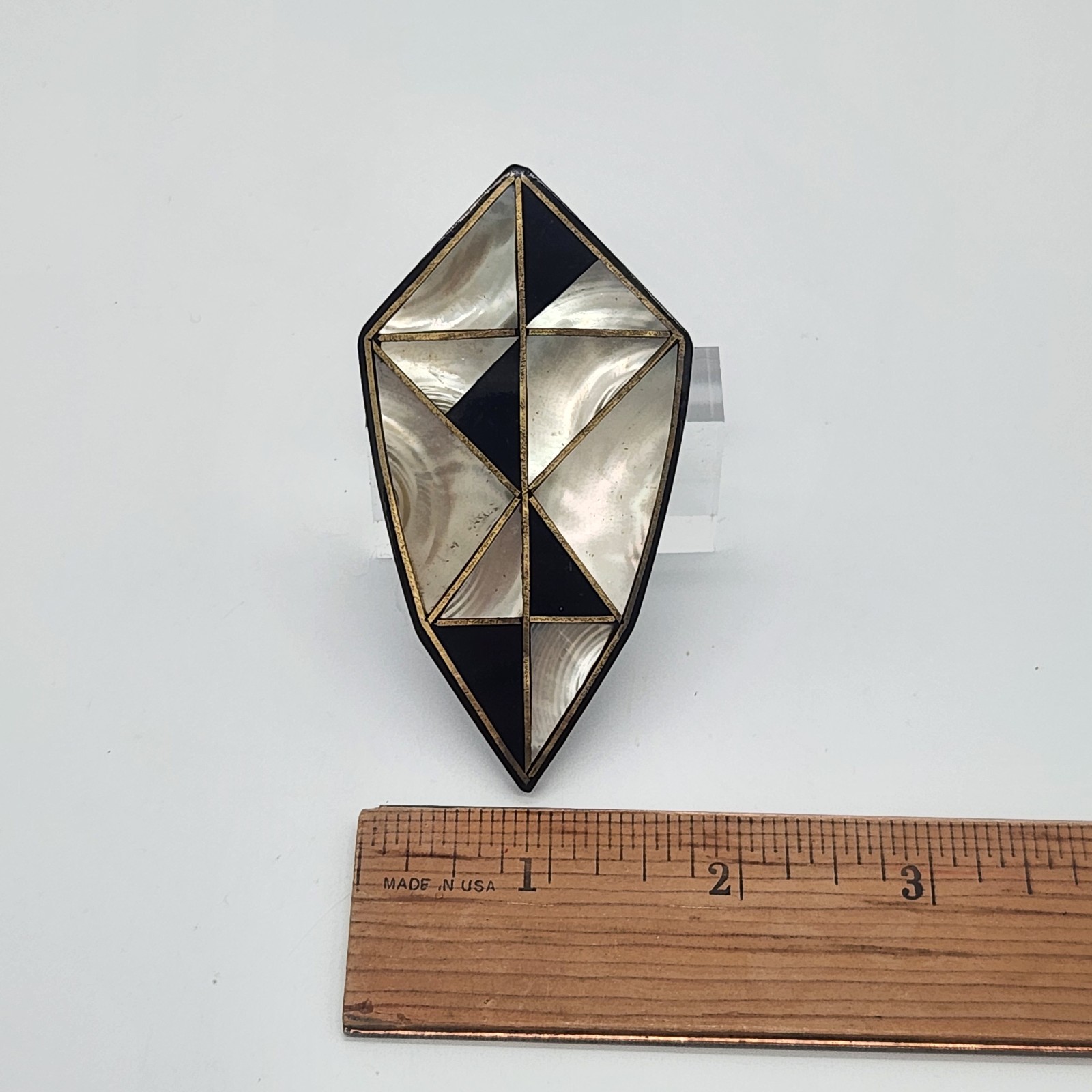 Vintage Faux Mother Of Pearl Faux Onyx Diamond Shaped Large Brooch