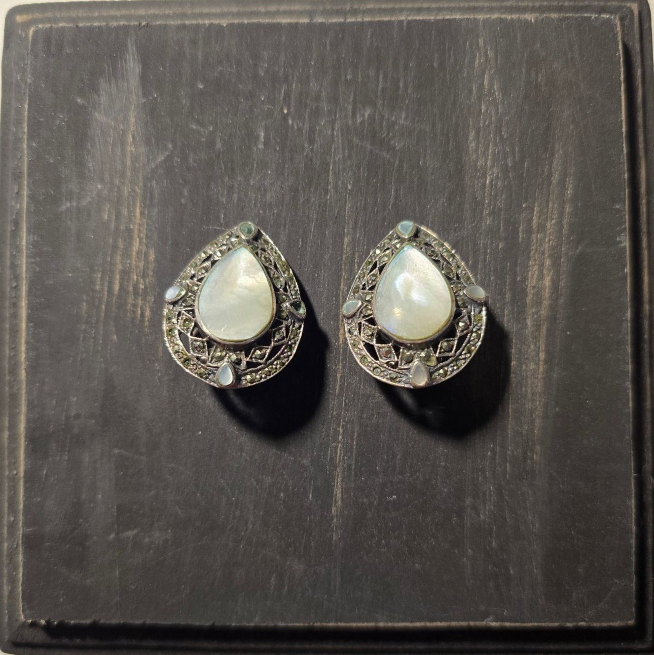 Vintage 1950’s Sterling SIlver .925 Marcasite Mother of Pearl Tear Drop Earrings