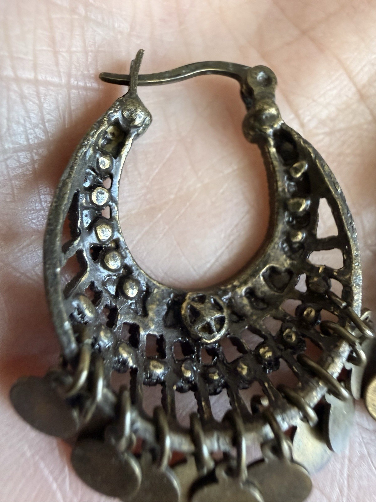 Vintage Gypsy Boho Bronze Hoop Dangle Hanging Pierced Earrings Red Orange Stones