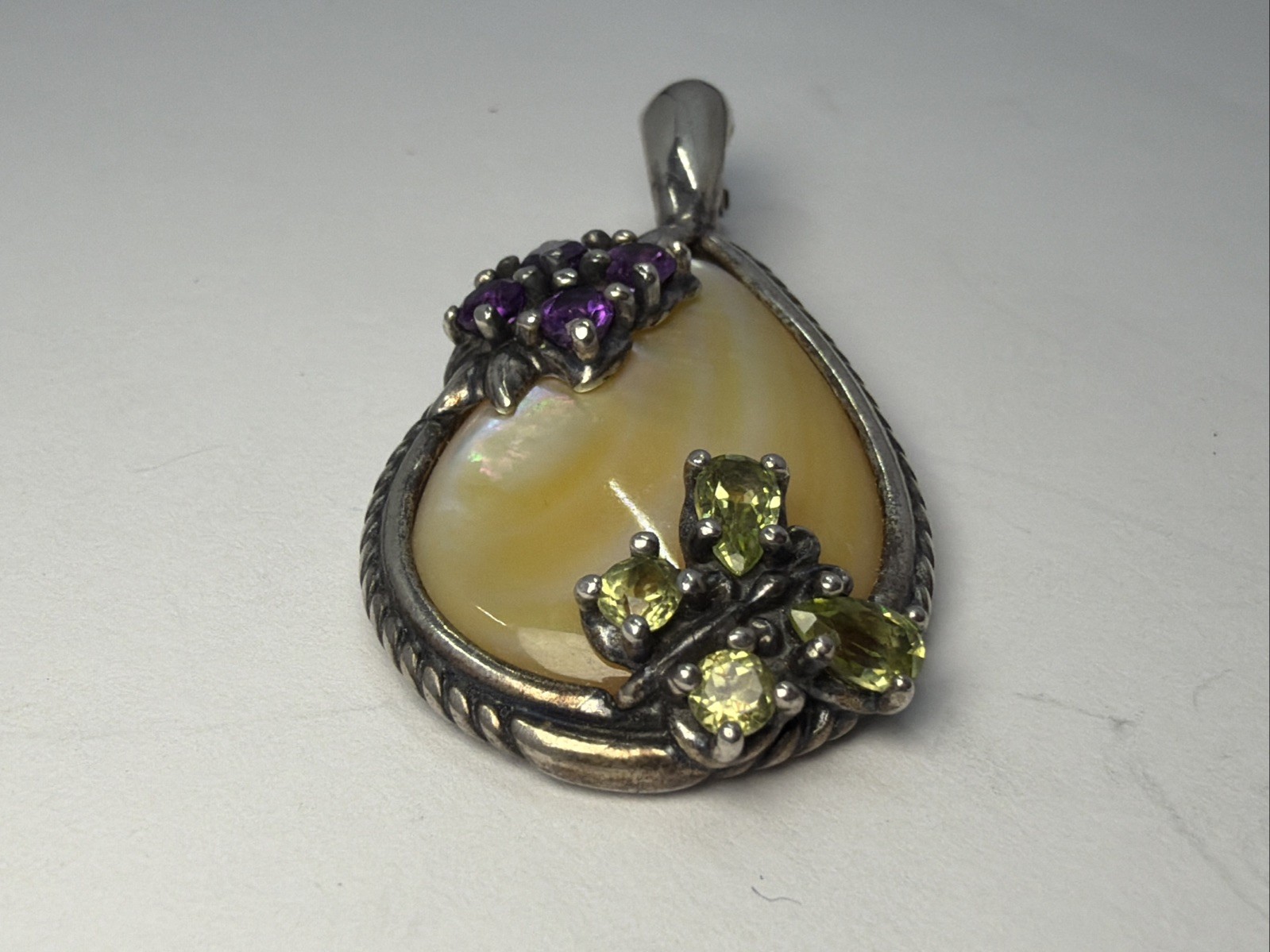Vtg Carolyn Pollack Relios Mother Pearl Multi stone Flower Butterfly Pendant 925