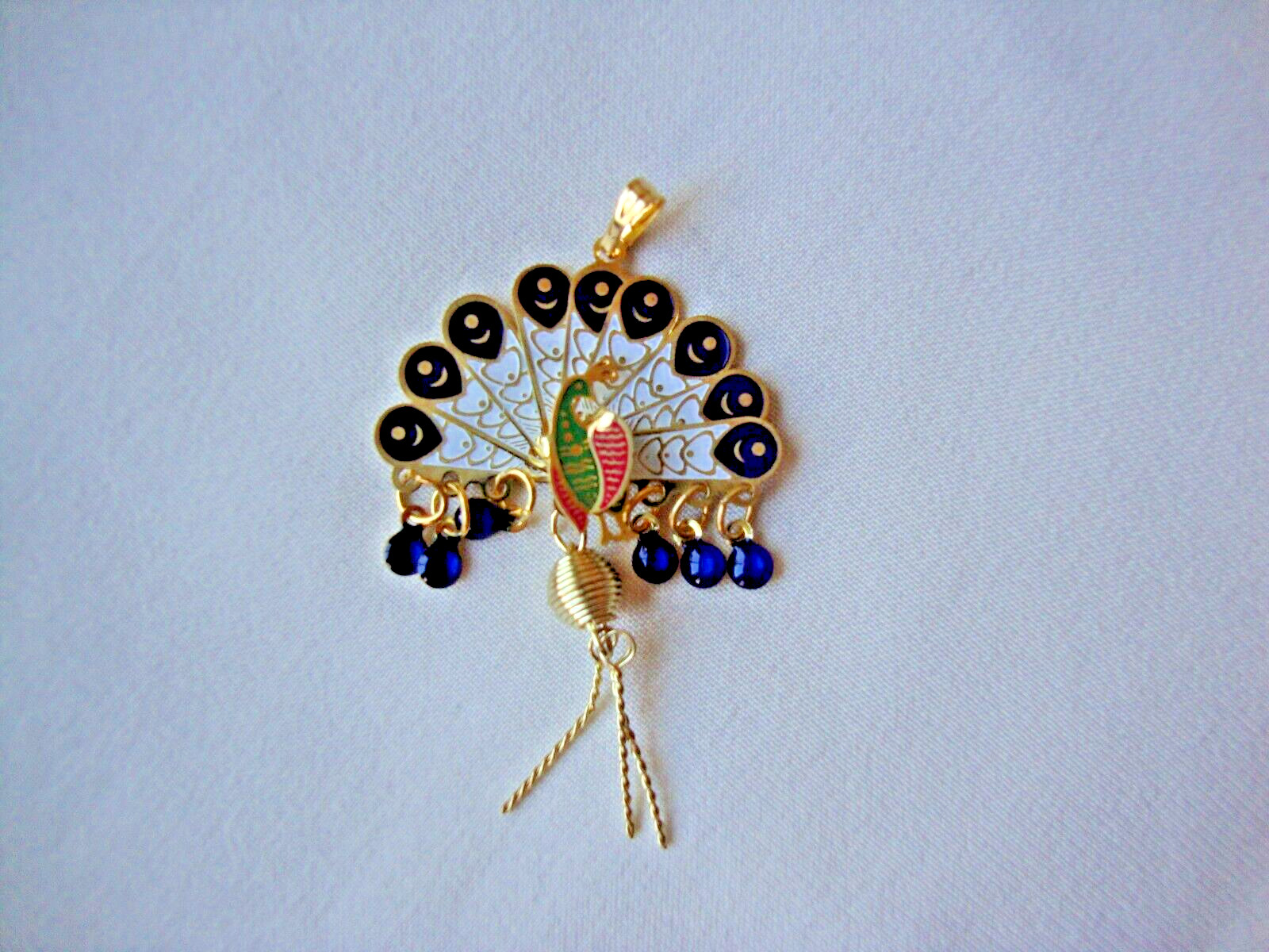 Vintage Folding Peacock Fan Green Red Blue & White Enamel Gold Filled Pendant
