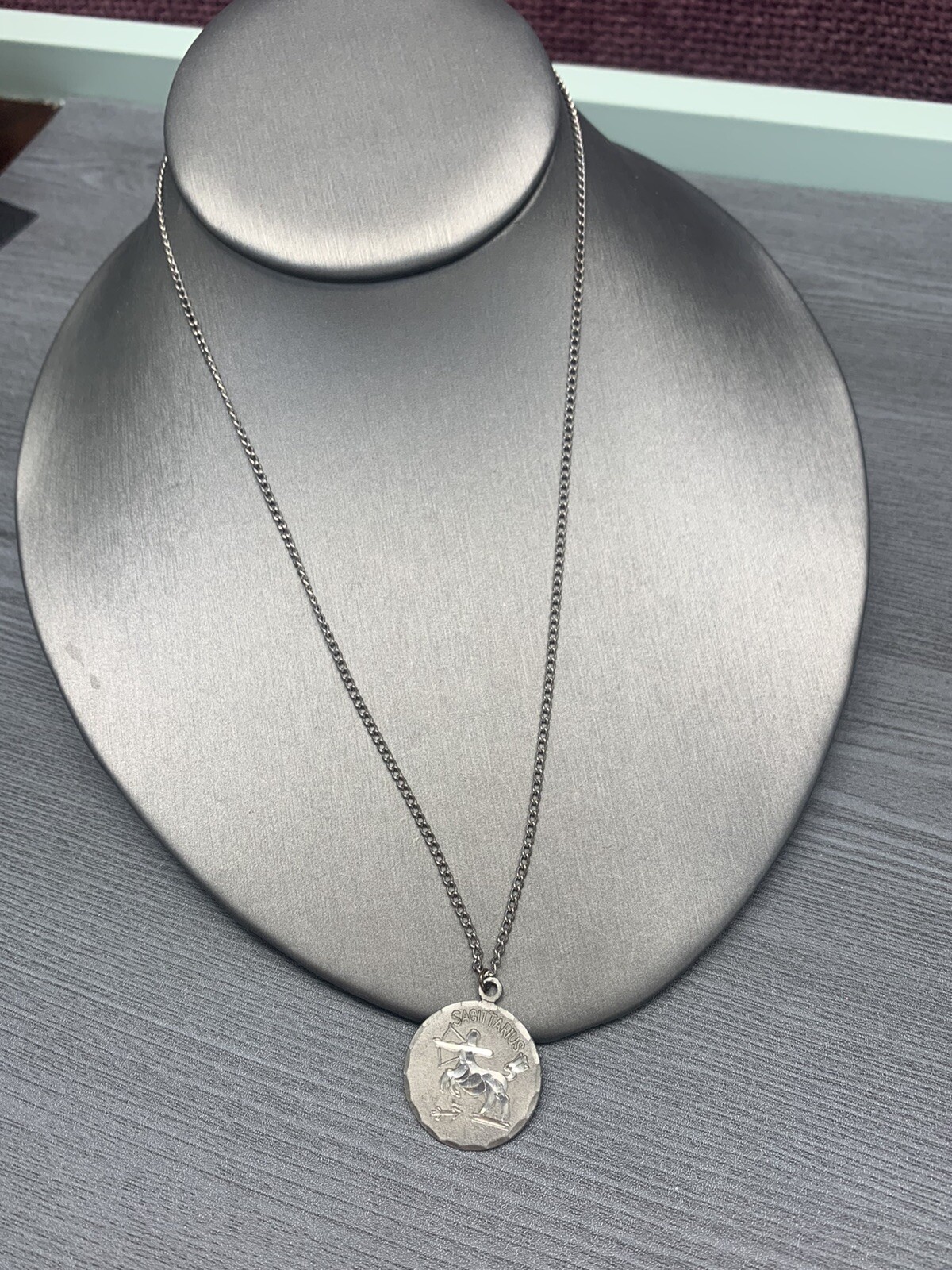 Vintage Pewter BDA Zodiac astrology Sagittarius Engraved Pendant Necklace 18”