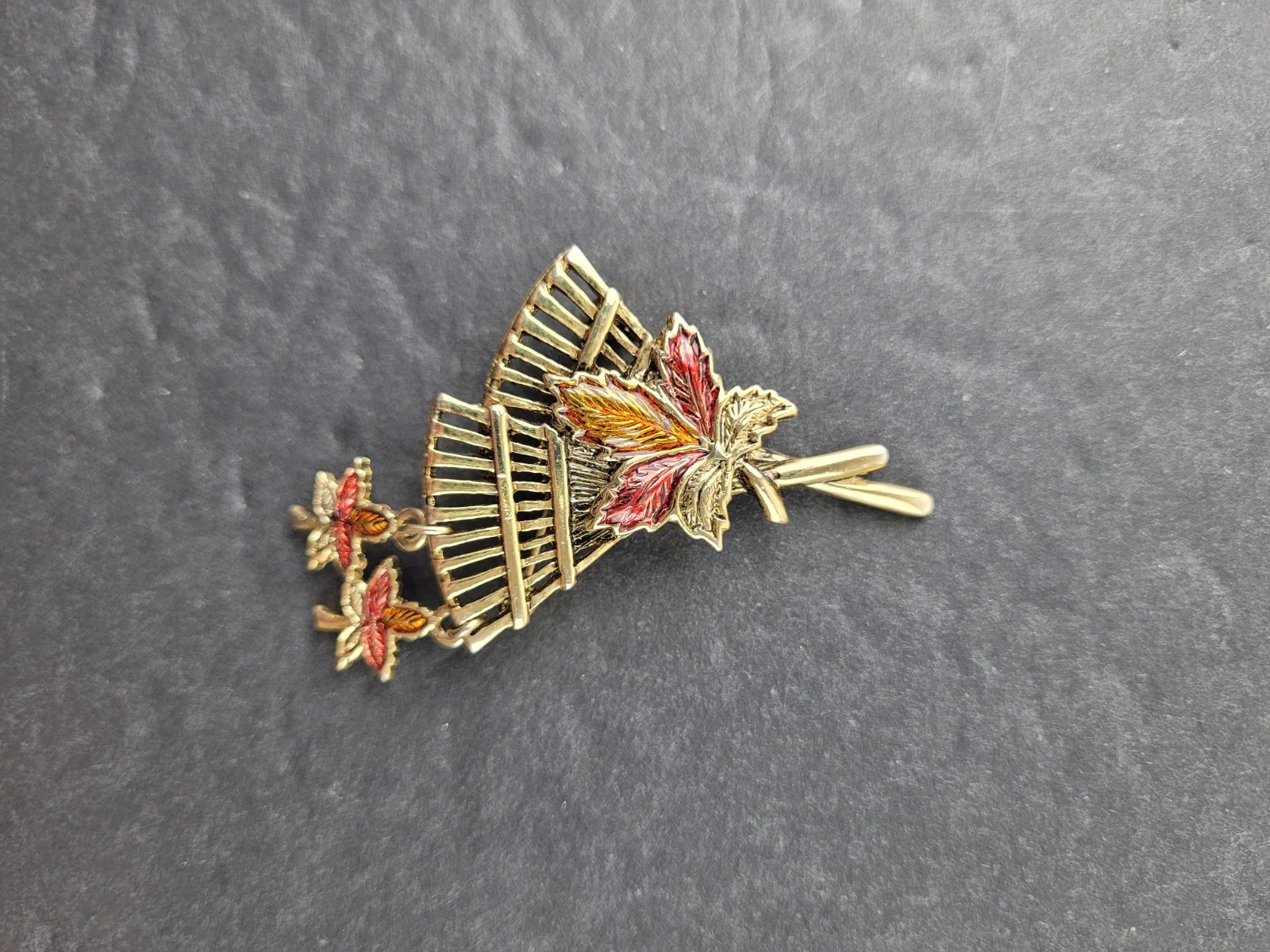 Vintage Fall Brooch Rake Multicolor Enamel Dangle Leaves Fall Colors