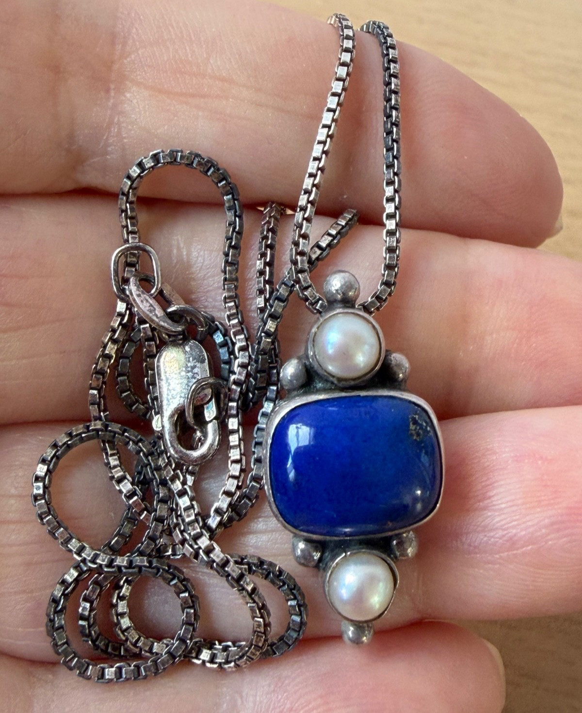 VINTAGE JGD JANICE GIRARDI LAPIS PEARL PENDANT CHAIN NECKLACE 925 STERLING SLVER
