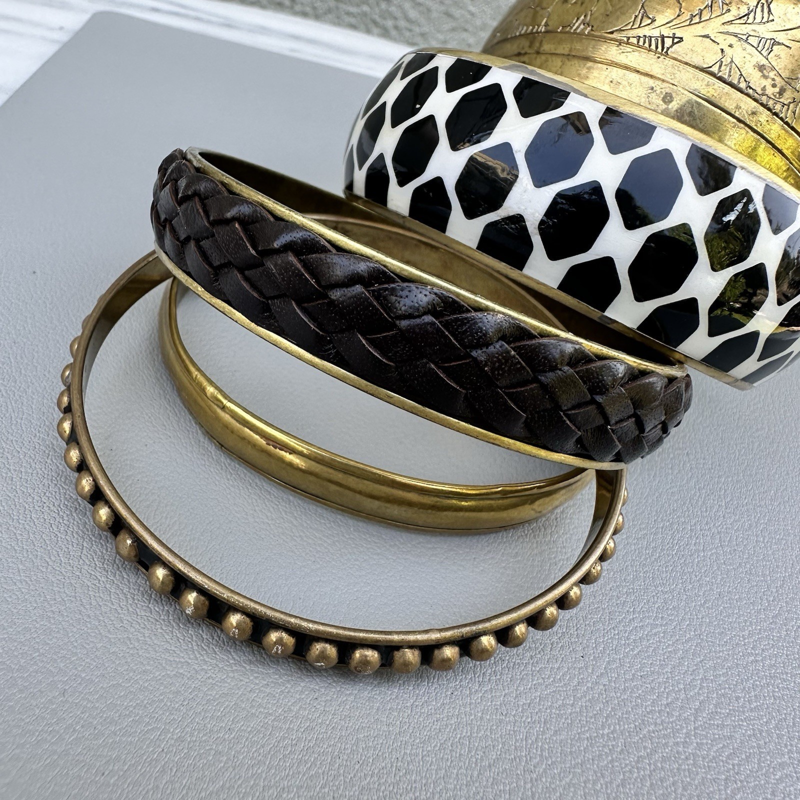 Geometric Brass Bracelet Stack Enamel Bangle Vintage Leather Black White Safari
