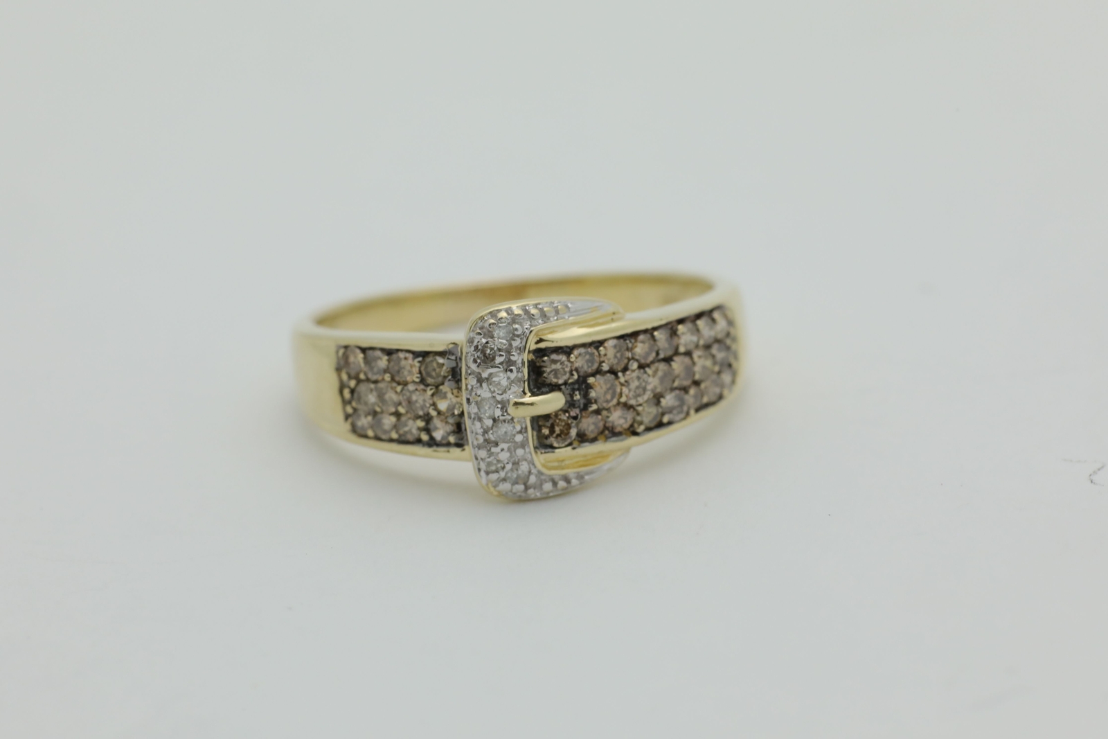 Vintage 1990’s 10K Yellow Gold Belt Ring w/ Champagne & White Diamonds-Size 9.0