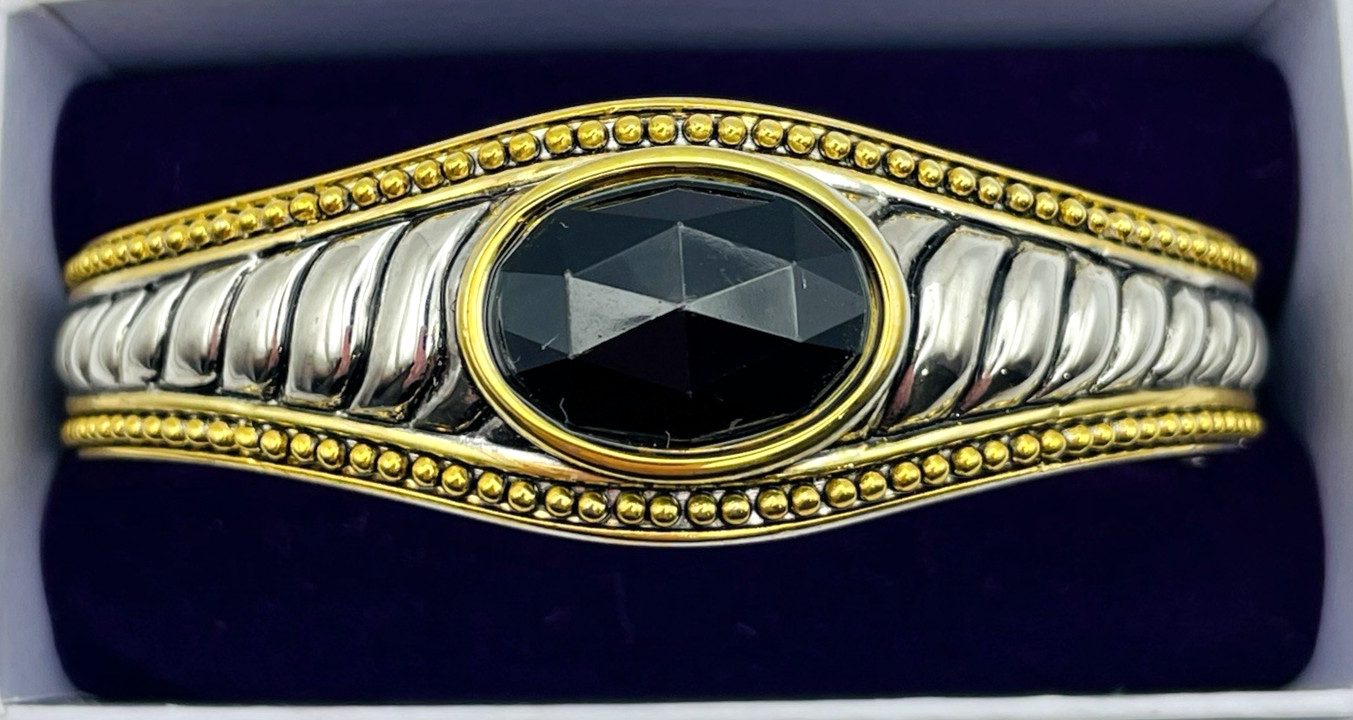 Vintage Silver and Gold Tone Hinged Bangle Bracelet Black Faceted Acrylic Stone