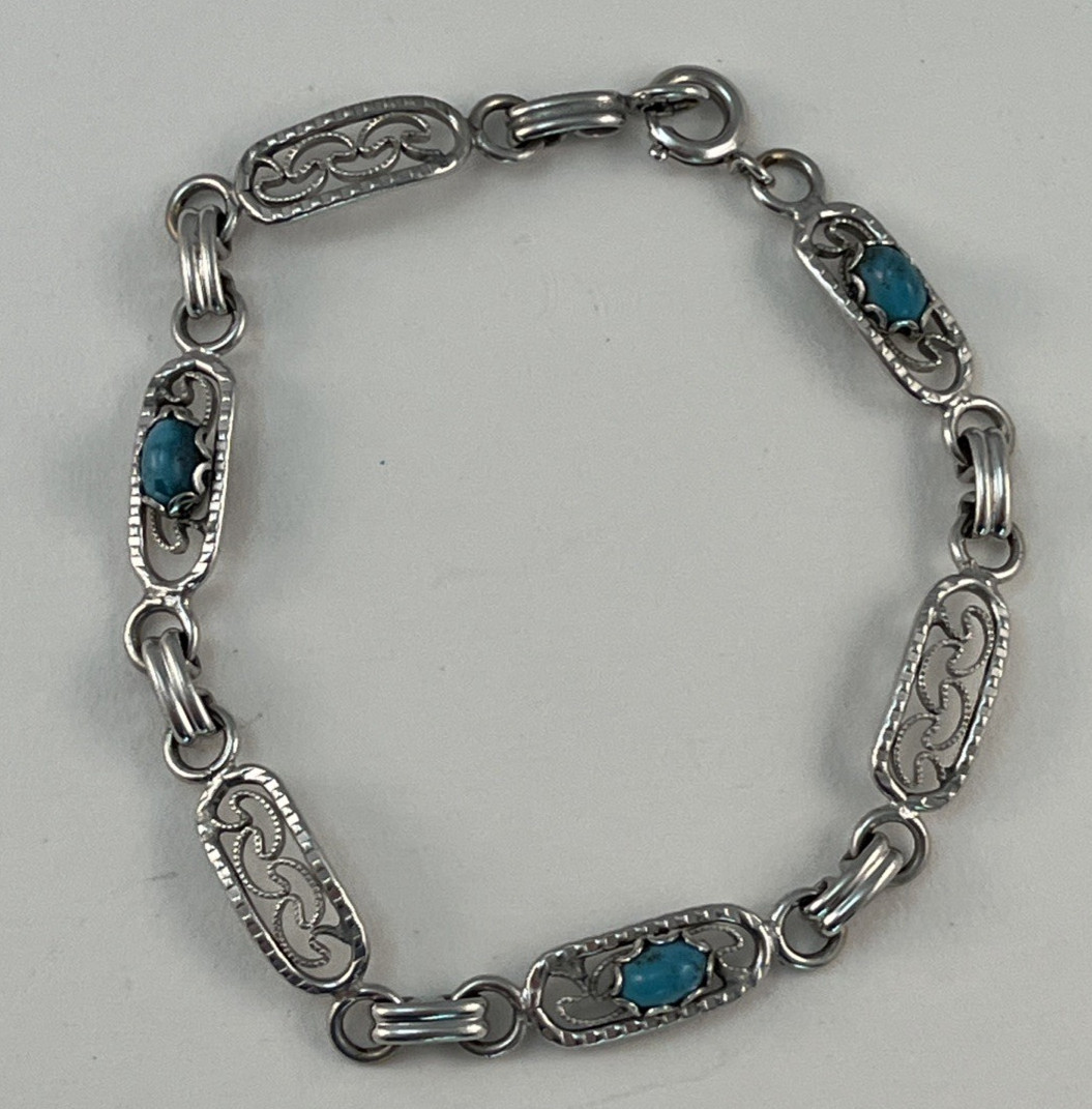 1/20 12K GF White Gold Filled Faux Blue Turquoise Link Bracelet 7 1/4″