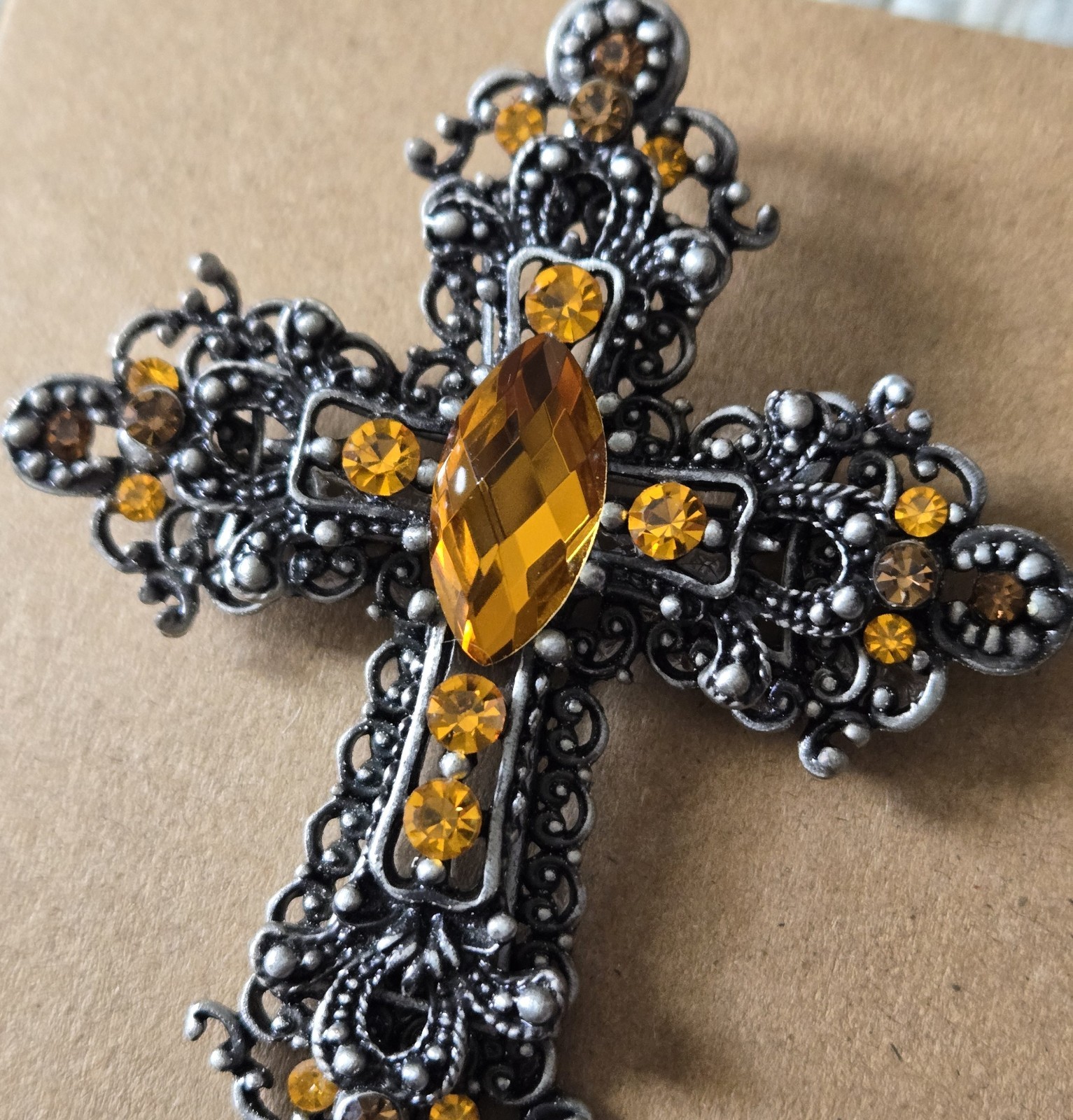Gothic Cross Brooch Pin Amber Rhinestones Black Silver Tone Filigree 3″