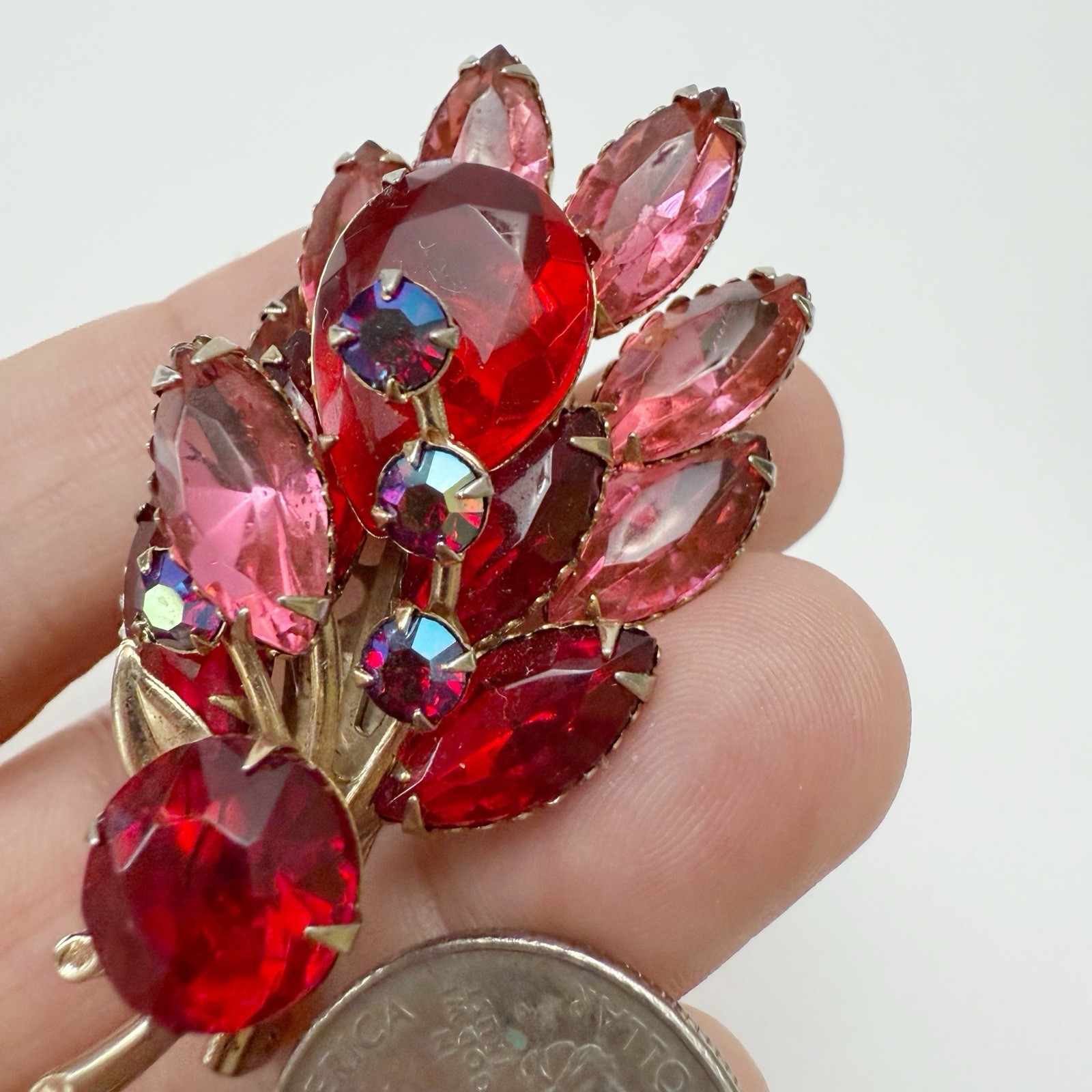 Vintage Red Pink AB Glass Rhinestone Flower Floral Spray Brooch Pin Goldtone