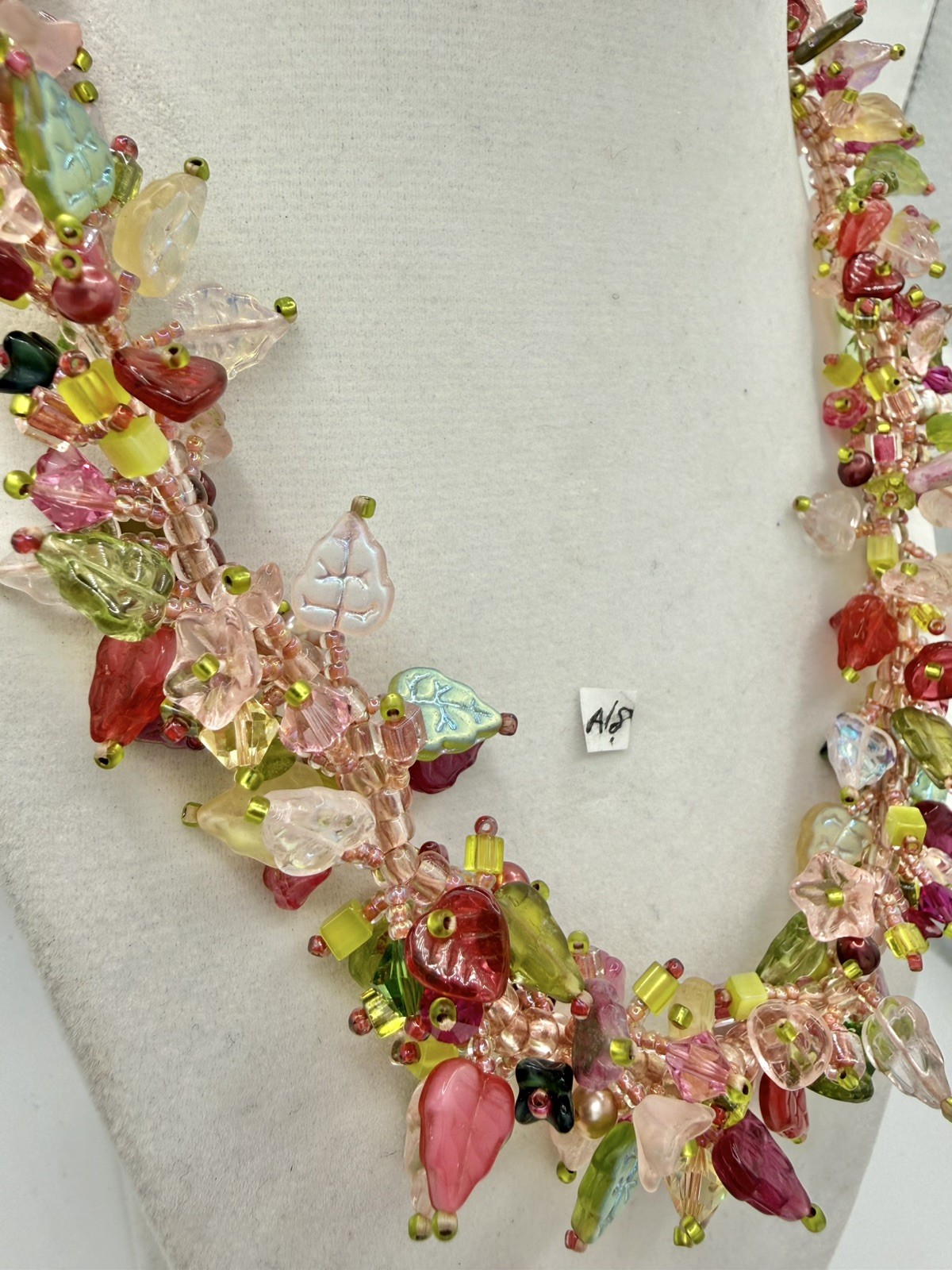 Cottagecore Glass Bead Cluster Necklace Pink Green Floral Leaf Fairycore